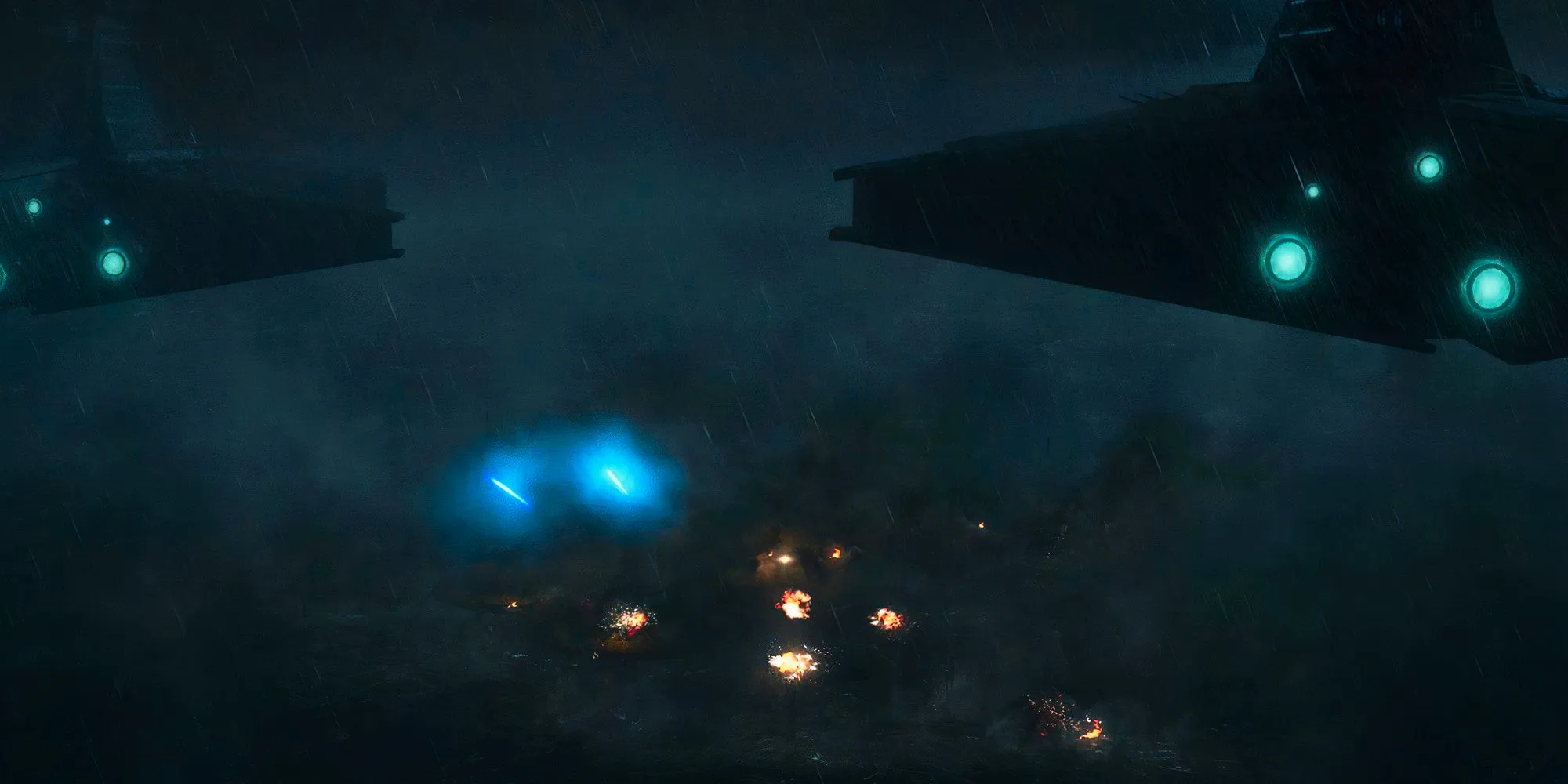 Admiral Rampart's star destroyers fire lasers at Tipoca City on Kamino, which is sinking into the ocean Image