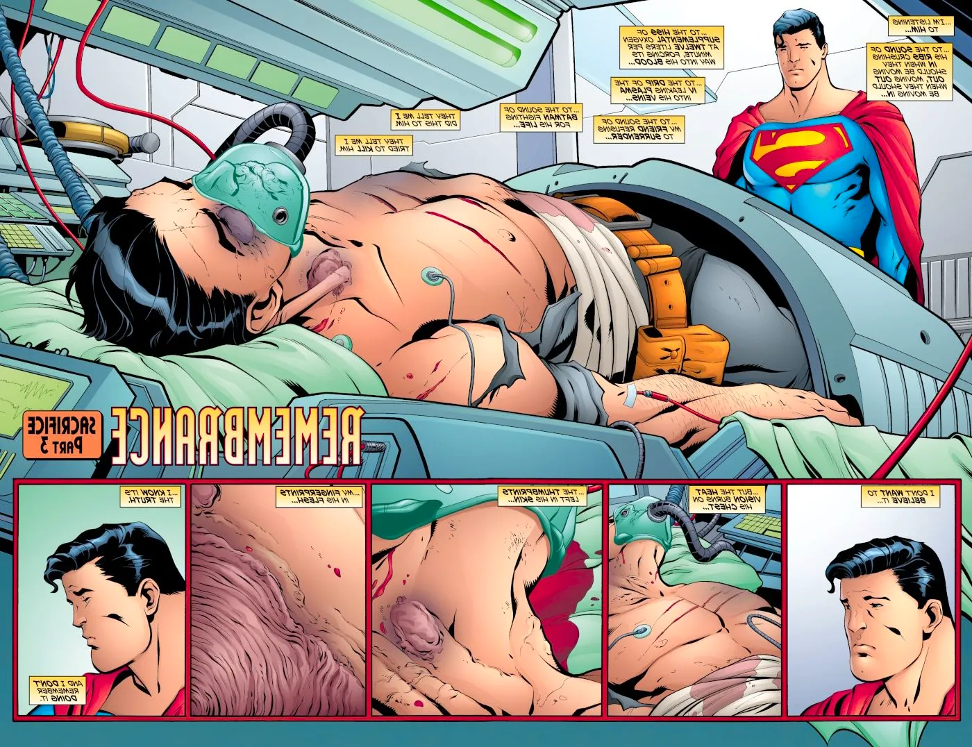 Adventures of Superman #642, Clark Kent looks at the damage he caused to Batman, as Bruce lies in a hospital bed. Image