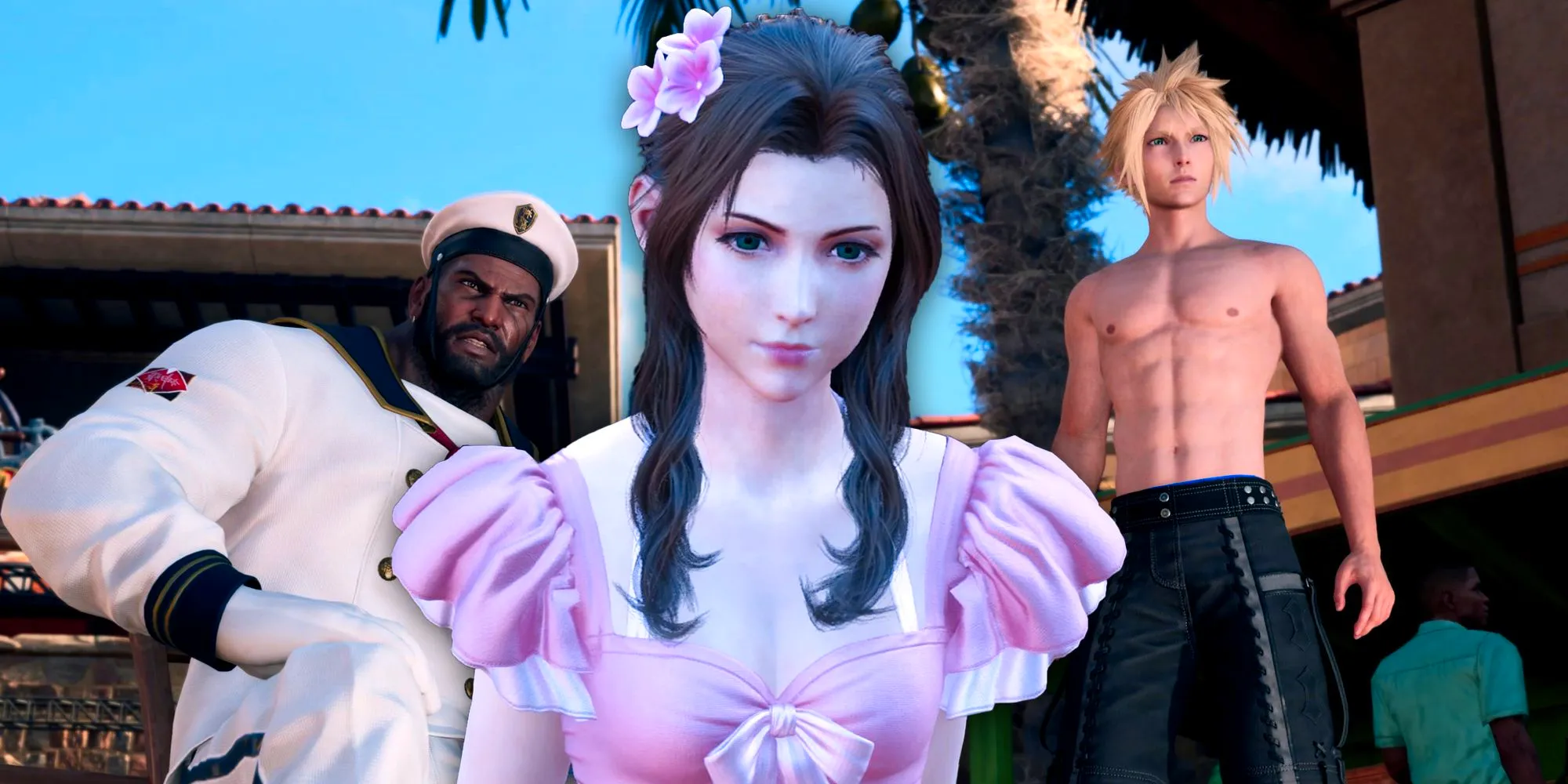 Aerith in a swimsuit in front of Cloud and Barrett in beachwear in FF7 Rebirth. Image