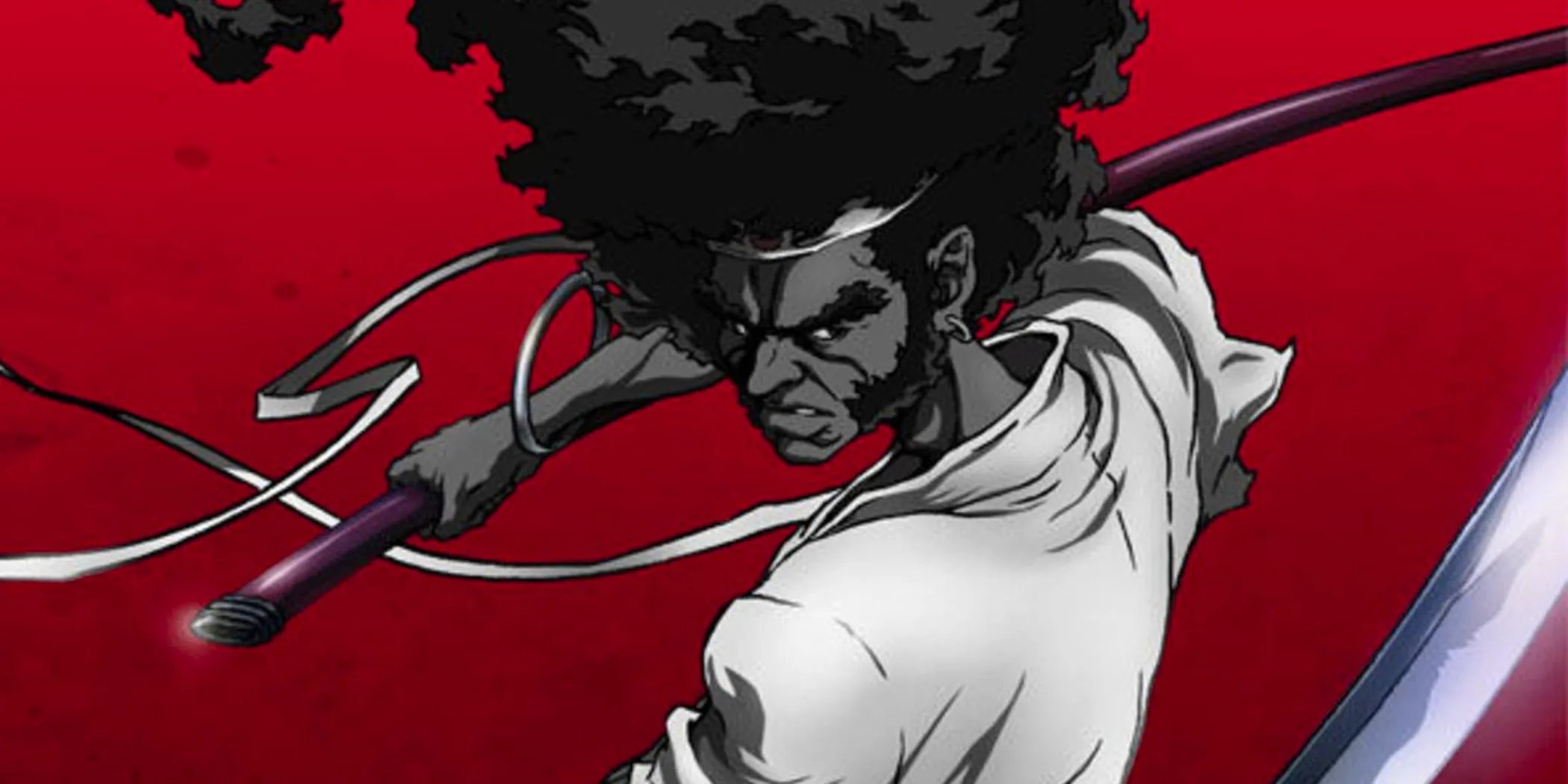 Afro Samurai wielding his swords against a dark red background. Image