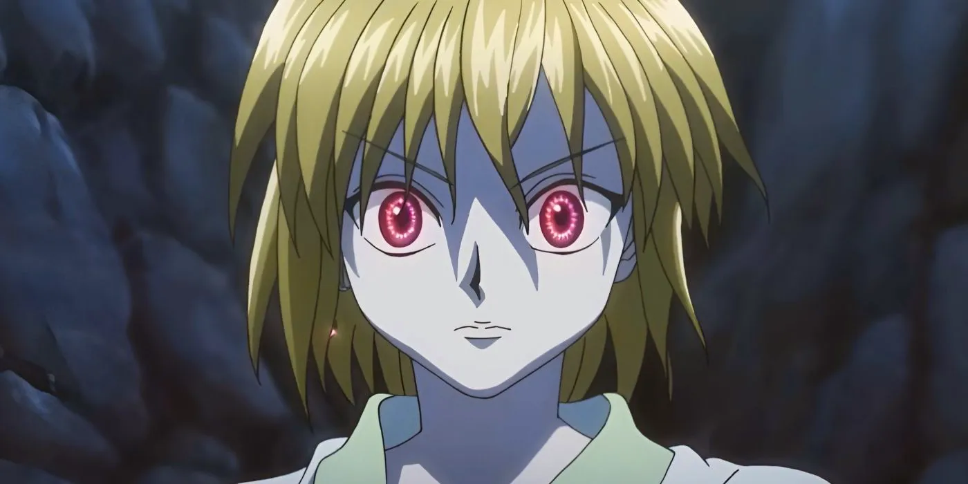 After asking if he remembers the Kurta Clan, Kurapika reveals his Scarlet Eyes and explains his Emperor Time ability during his fight with Uvogin in Hunter x Hunter. Image