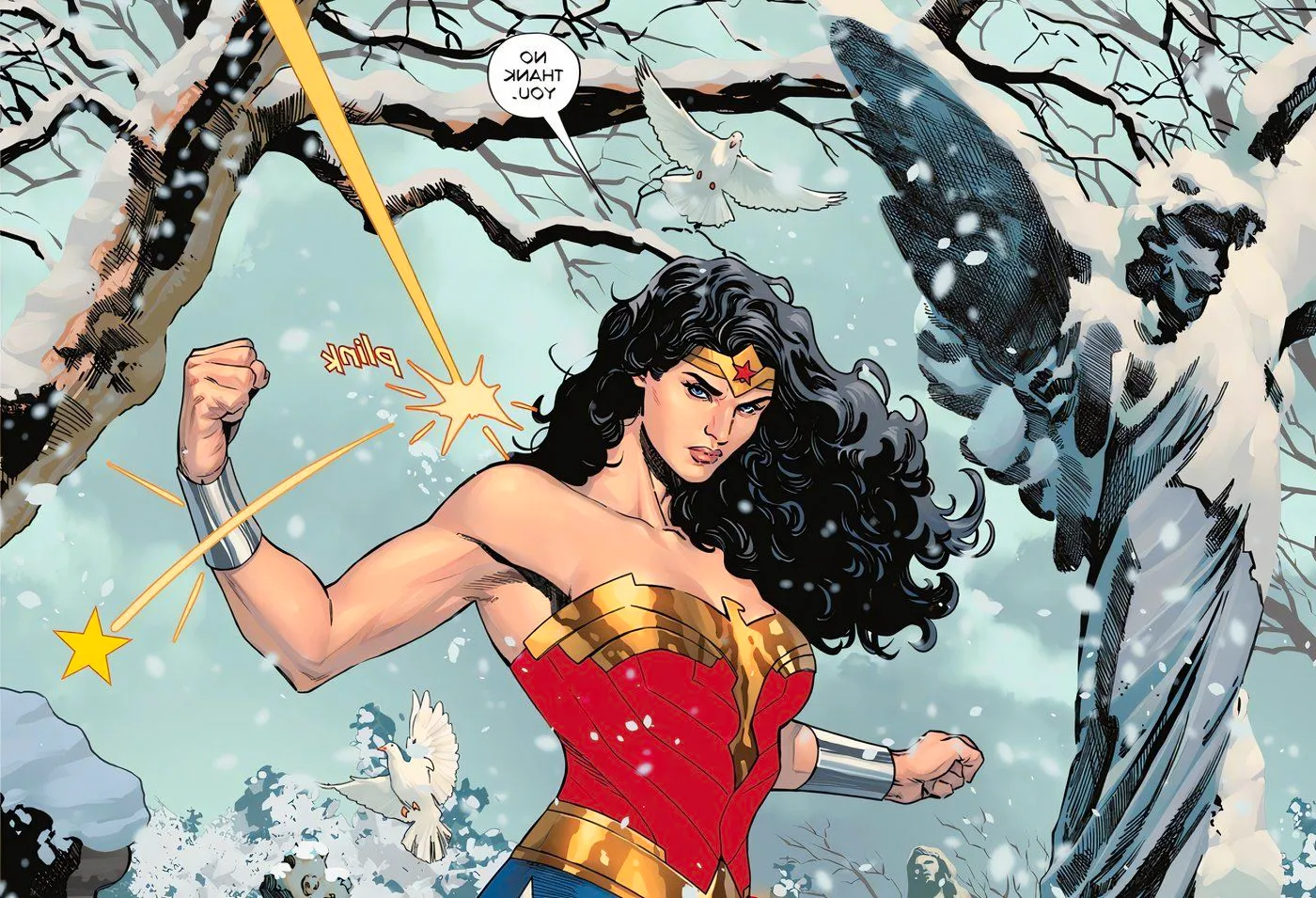 After being told to surrender, Wonder Woman deflects a bullet and says, 