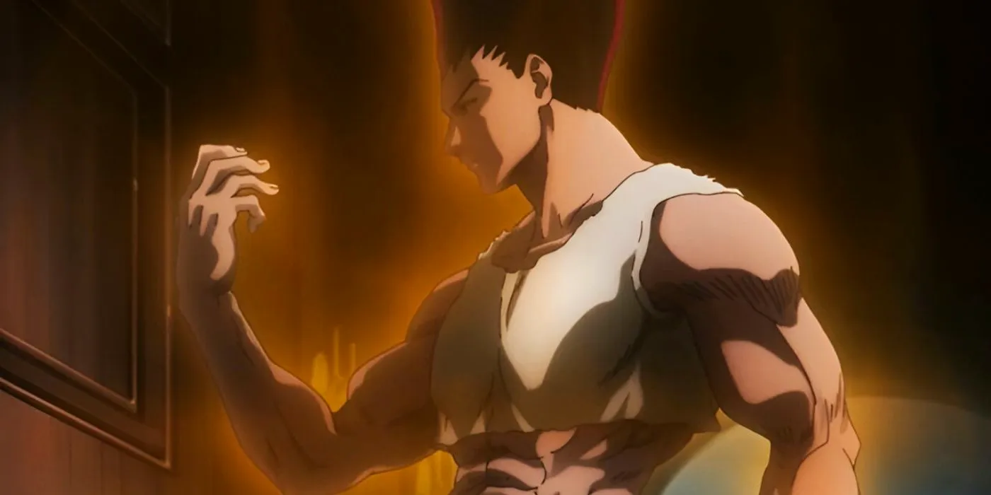 After making a Nen contract to use up his aura reserves, Gon transforms into his adult form and challenges Neferpitout to a fight in Hunter x Hunter. Image