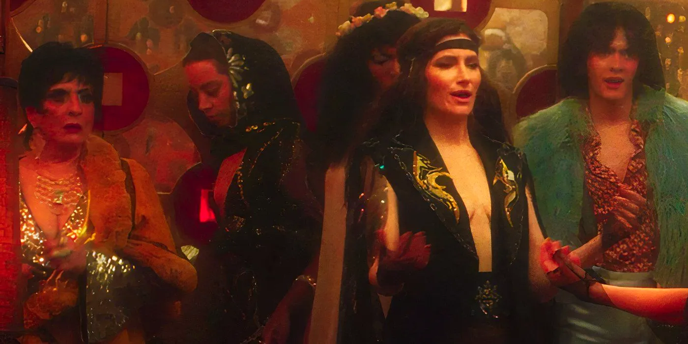 Agatha Harkness and her coven being transformed in a 1970s theme in Agatha All Along episode 4 Image