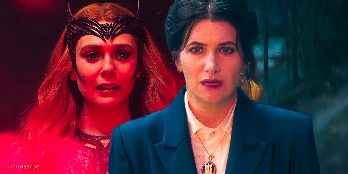 Agatha Harkness looking shocked in Agatha All Along and Scarlet Witch in Doctor Strange in the Multiverse of Madness Image