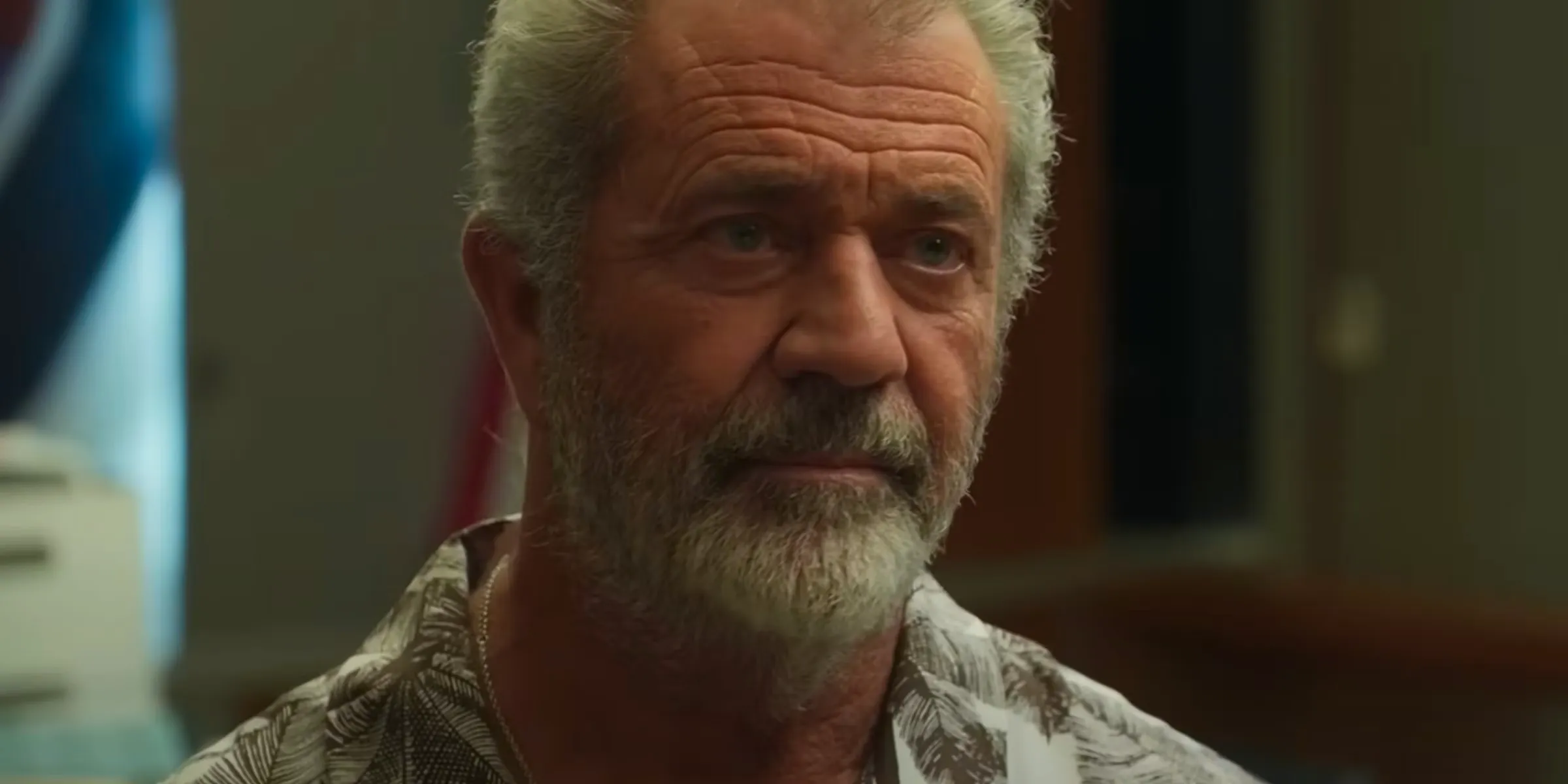 Agent Petrovick (Mel Gibson) looking stern in Boneyard. Image