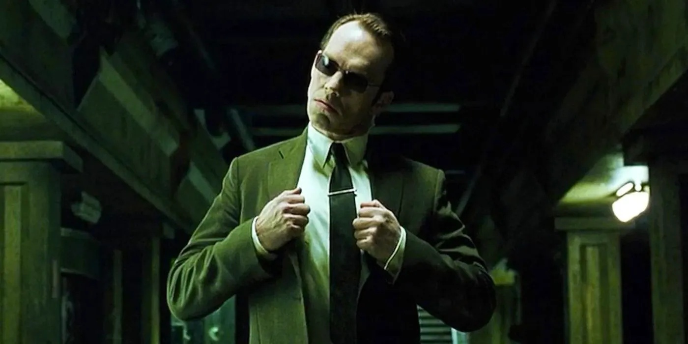 Agent Smith preparing to fight Neo in The Matrix Image