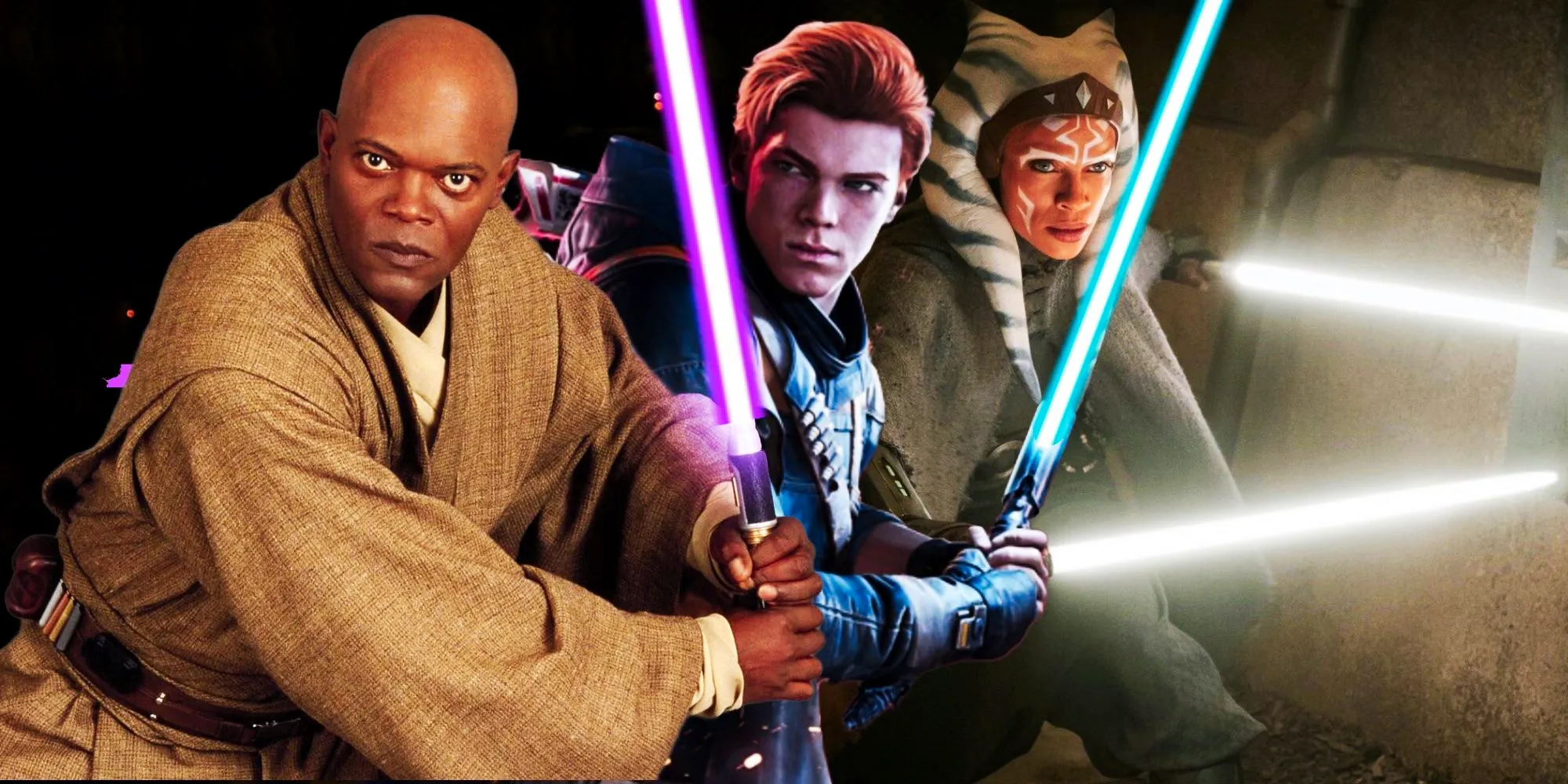 Ahsoka Tano, Cal Kestis, and Mace Windu in Star Wars. Image