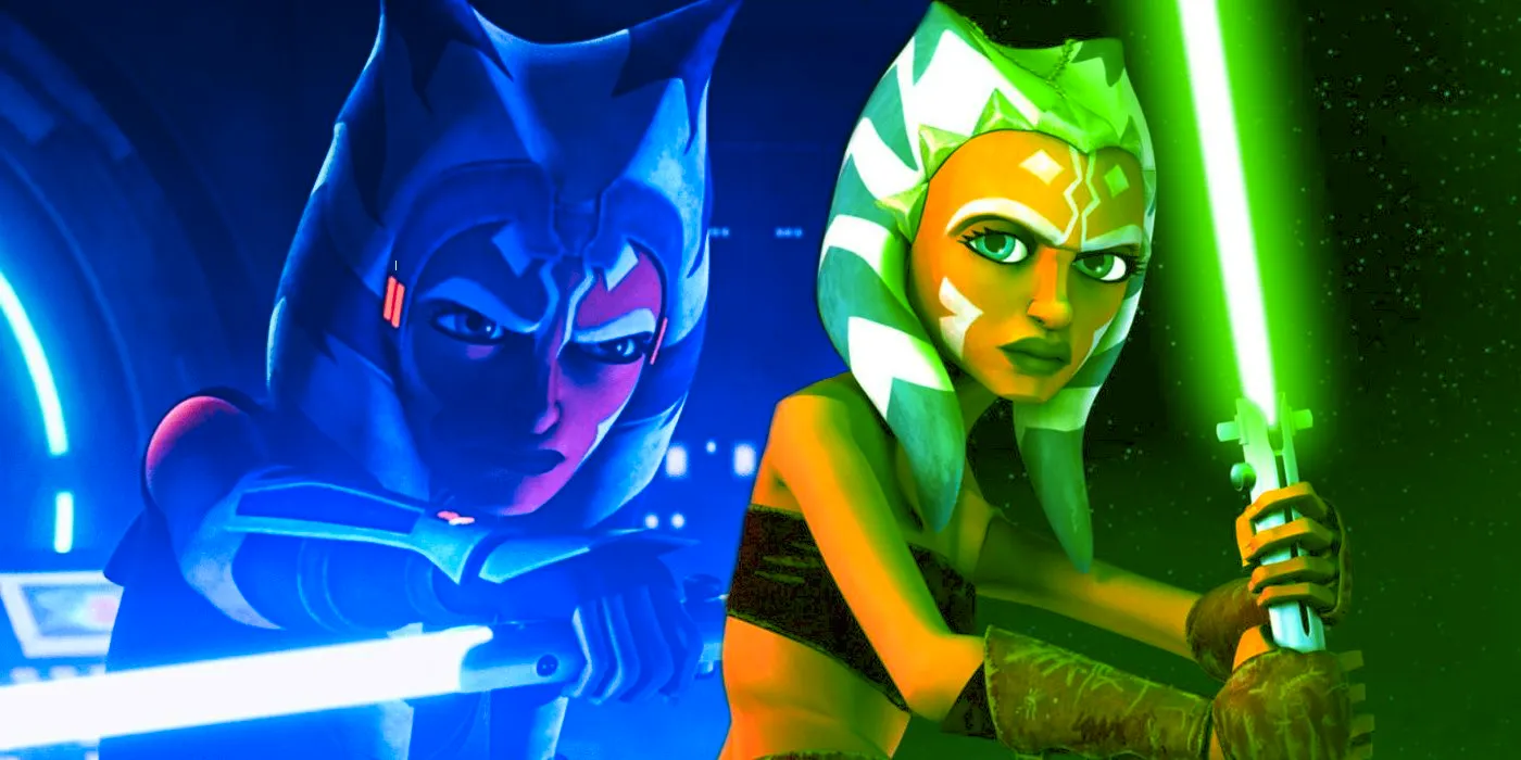 Ahsoka Tano in animated Star Wars with green and blue lightsabers Image