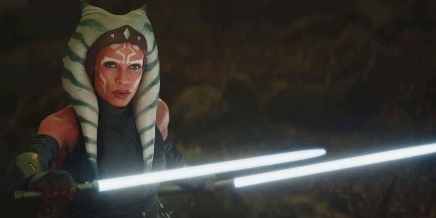 Ahsoka wielding white-bladed lightsabers. Image