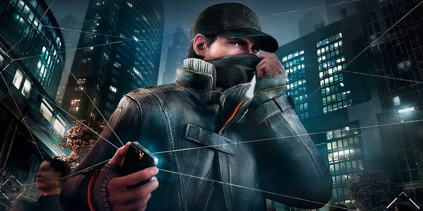 Aiden Pierce hacking in Watch Dogs with a city scape behind him Image