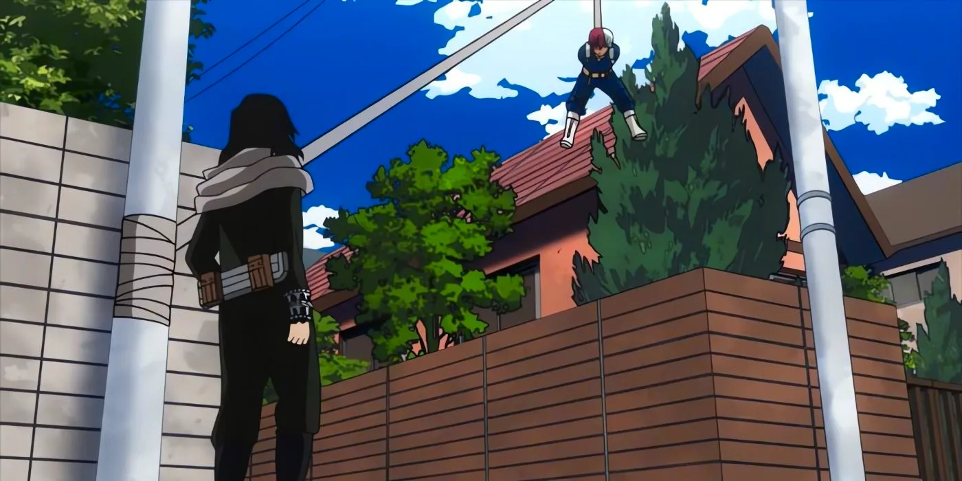 Aizawa using his capture weapon to incapacitate Todoroki. Image