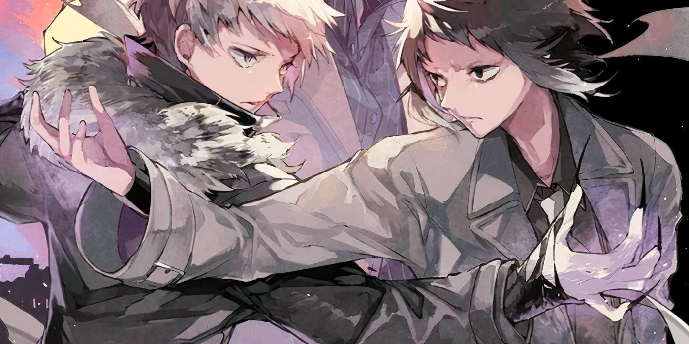 Akutagawa and Atsushi stand facing each other with their arms overlapping across each other Image