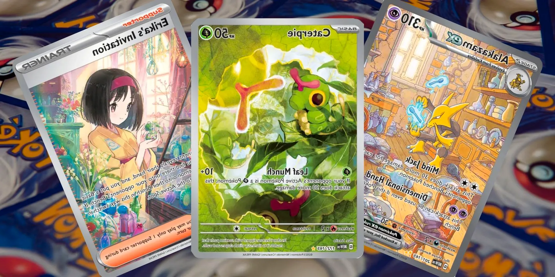 Alakazam ex, Caterpie, and Erika's Invitation cards from Pokemon 151 Image