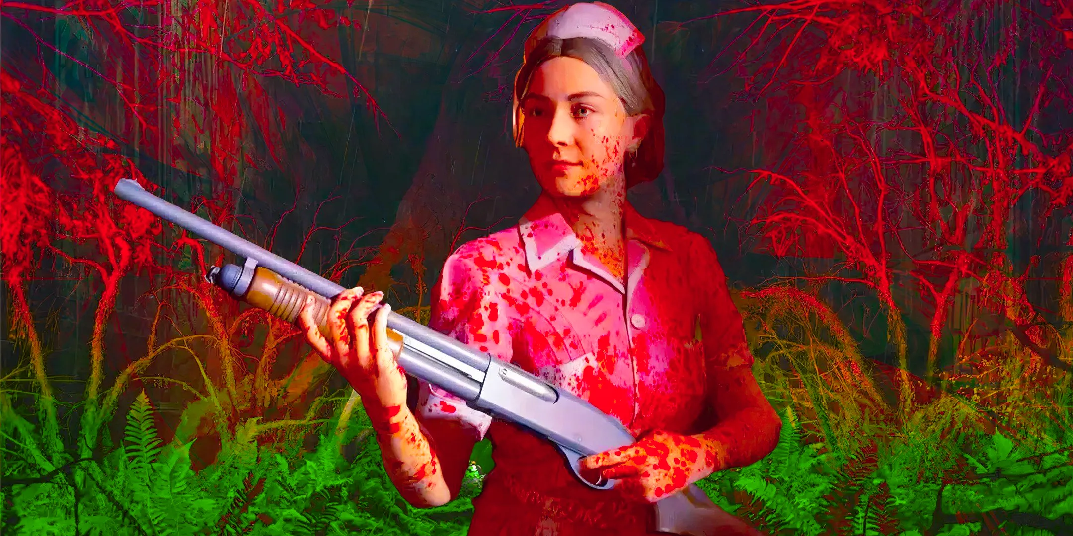 Alan Wake 2 Night Springs Expansion a nurse holding a pump action shotgun with blood on her face.  Image