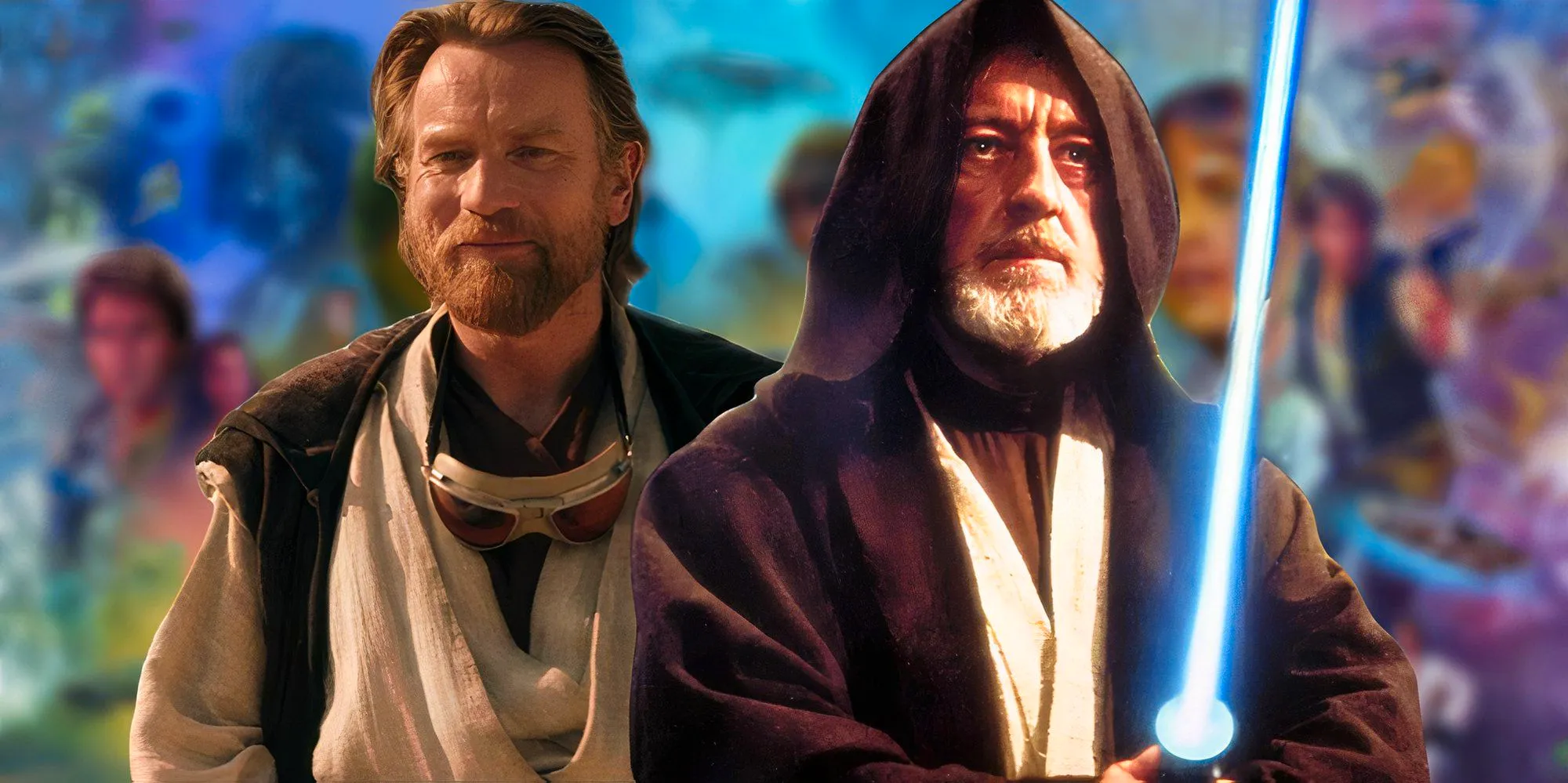 Alec Guinness and Ewan McGregor as Obi-Wan Kenobi atop a blurred image of the Skywalker Saga Image