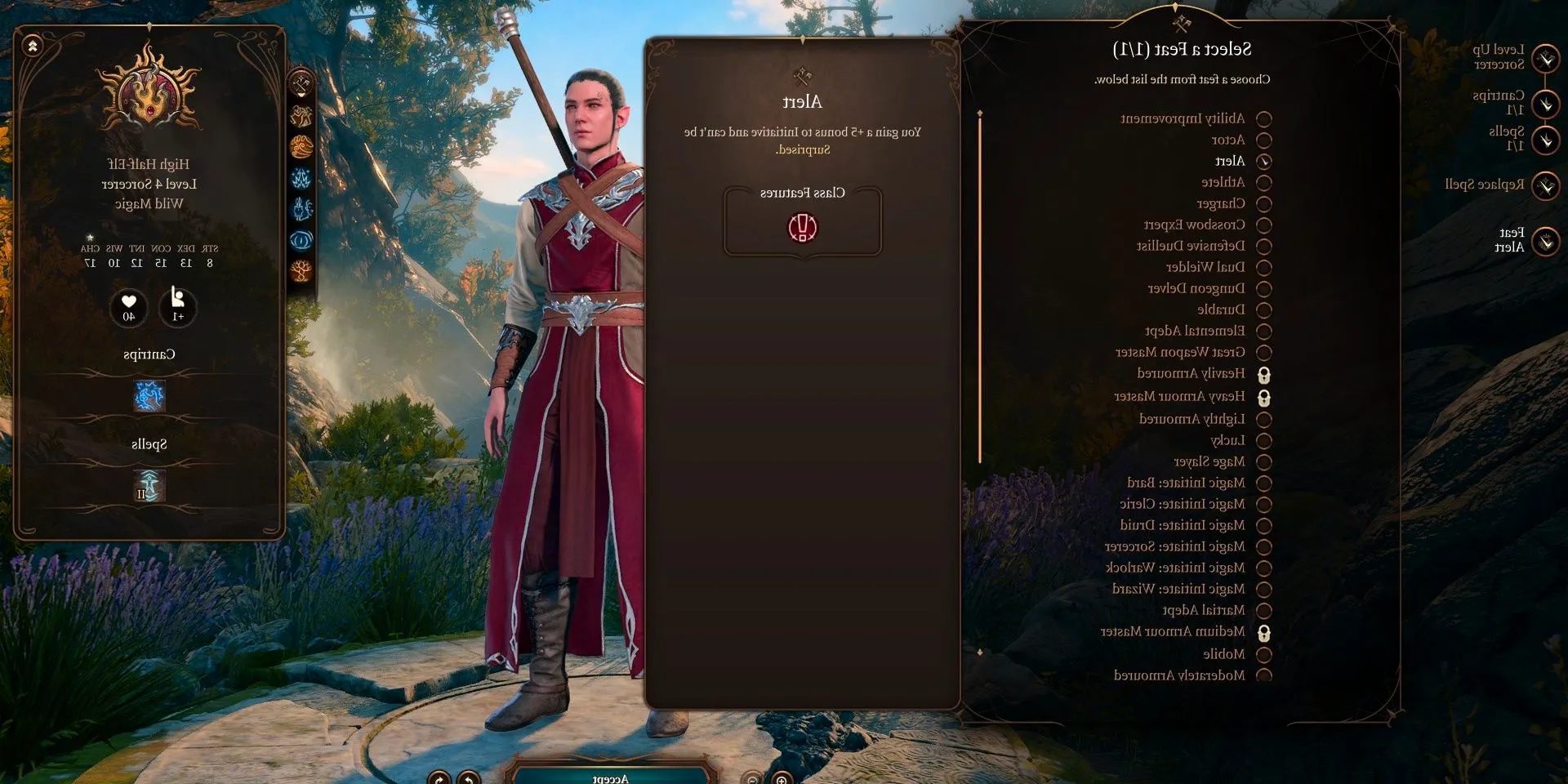 Alert Feat text display in level up area of Baldur's Gate 3. Image