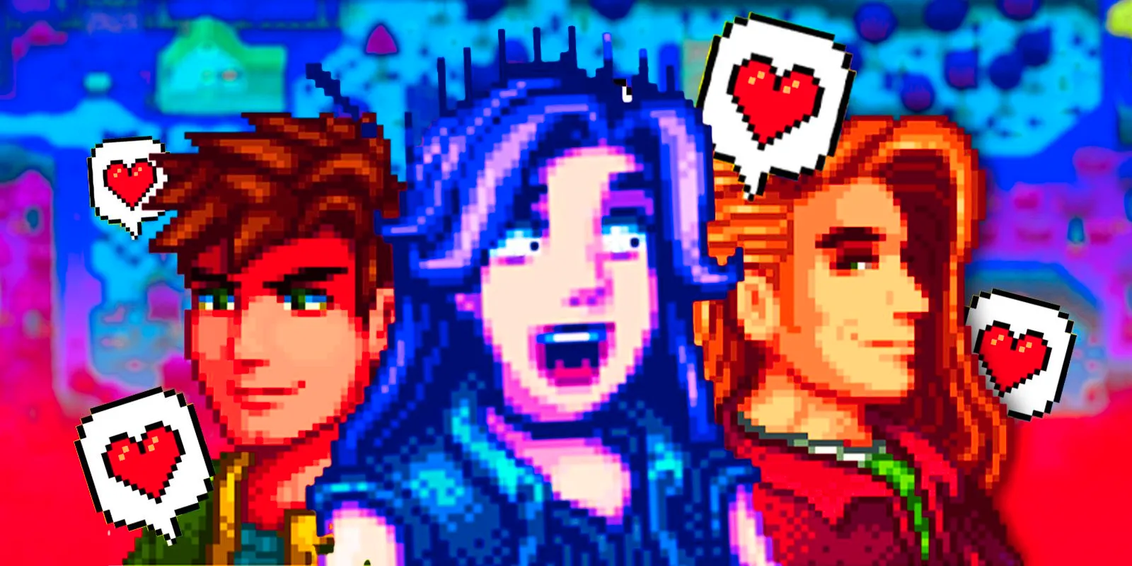 Alex, Abigail and Elliot from Stardew Valley, with the game's heart symbols all around. Image