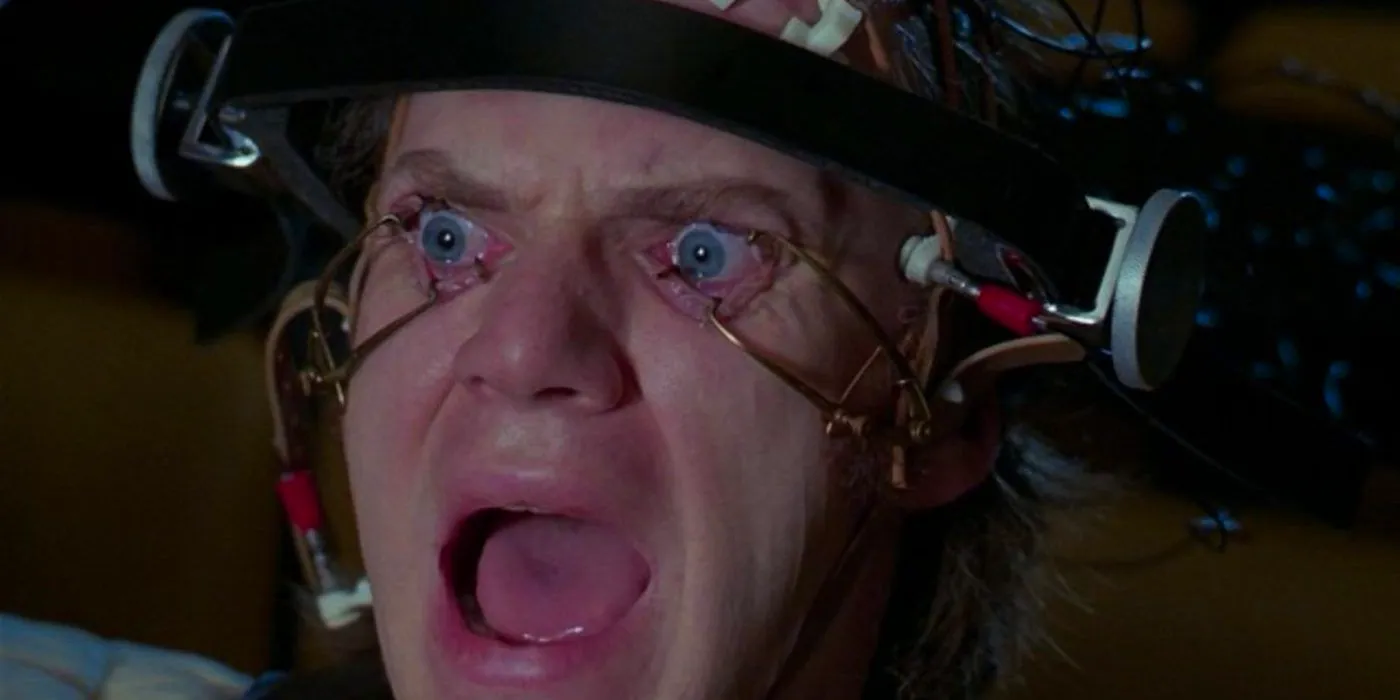 Alex (Malcolm McDowell) doing aversion therapy in A Clockwork Orange Image