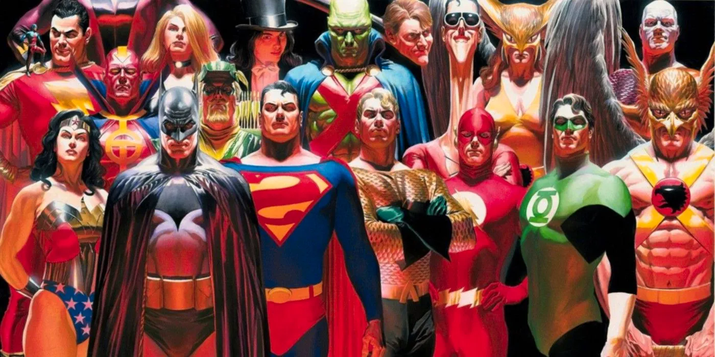 Alex Ross' Justice League of America members, standing as if taking a group photo. Image