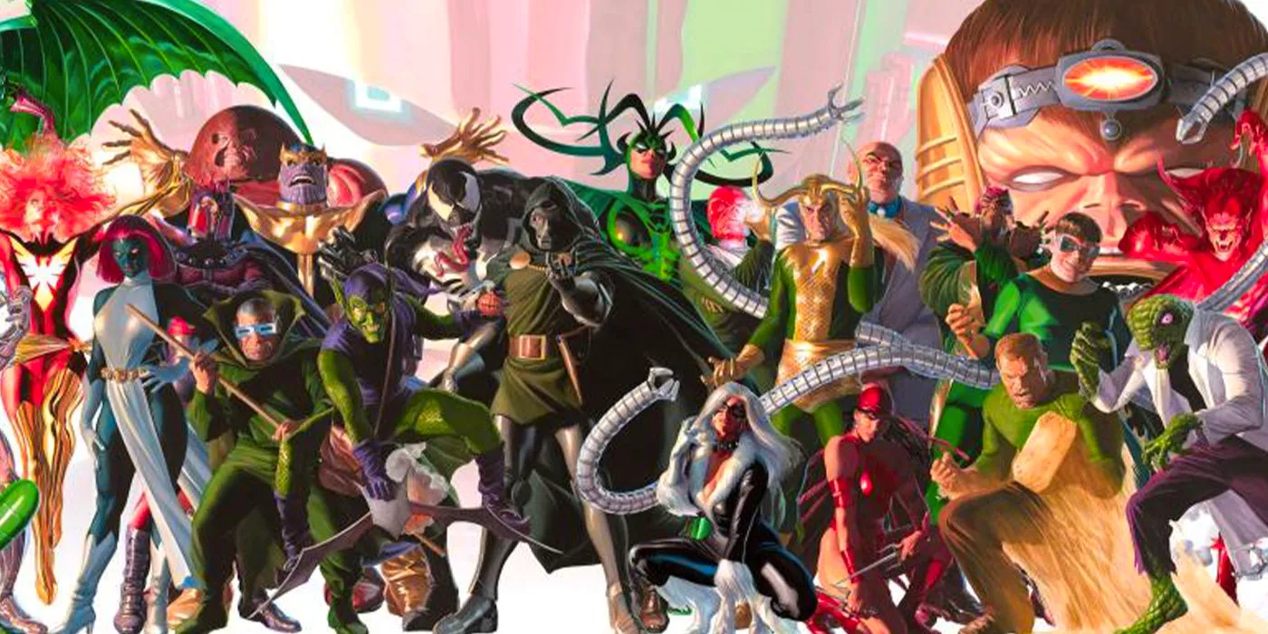 Alex Ross photoreal art featuring a gathering of Marvel's most infamous supervillains. Image