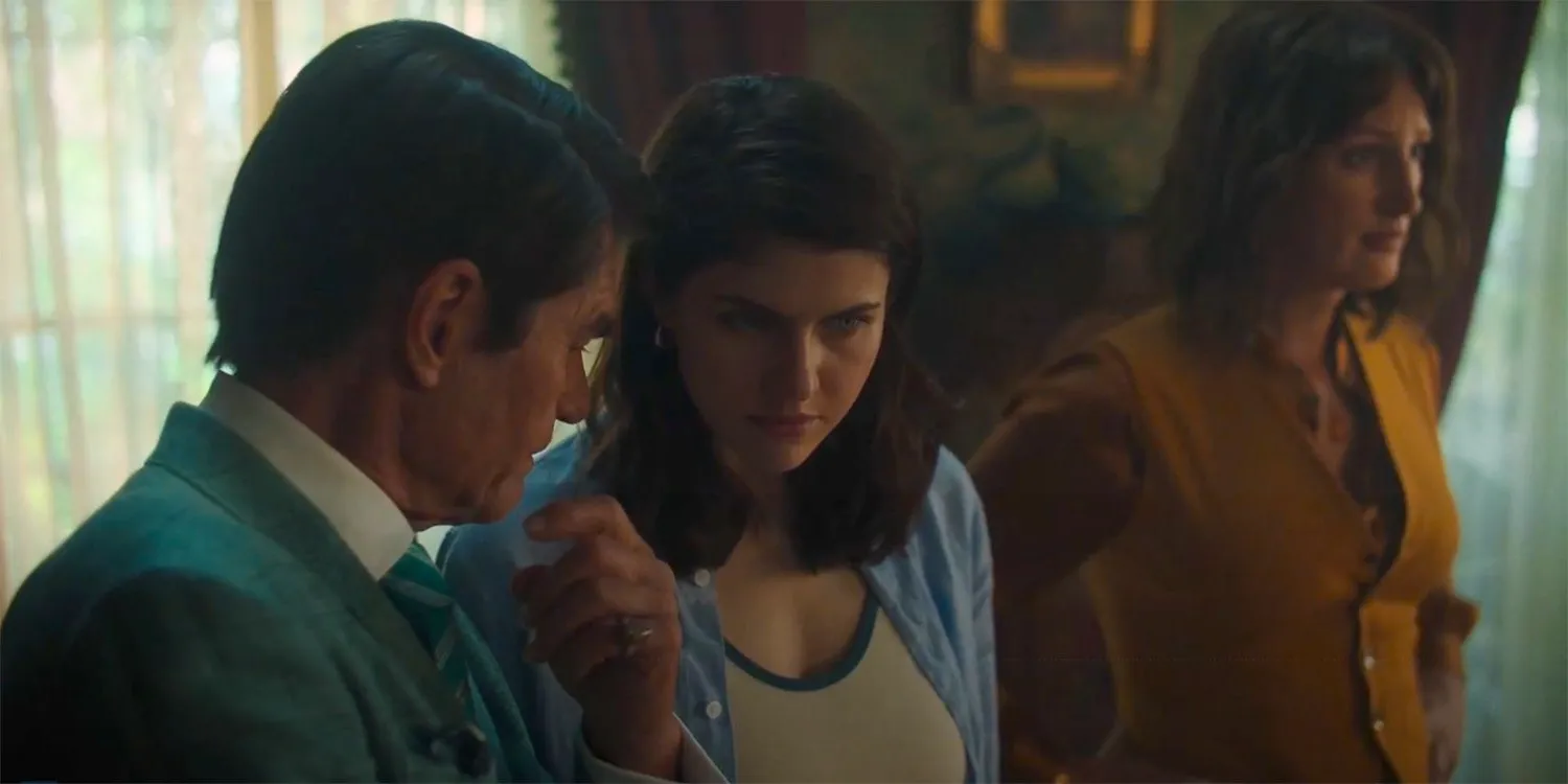 Alexandra Daddario and Harry Hamlin talk quietly in Mayfair Witches 107. Image