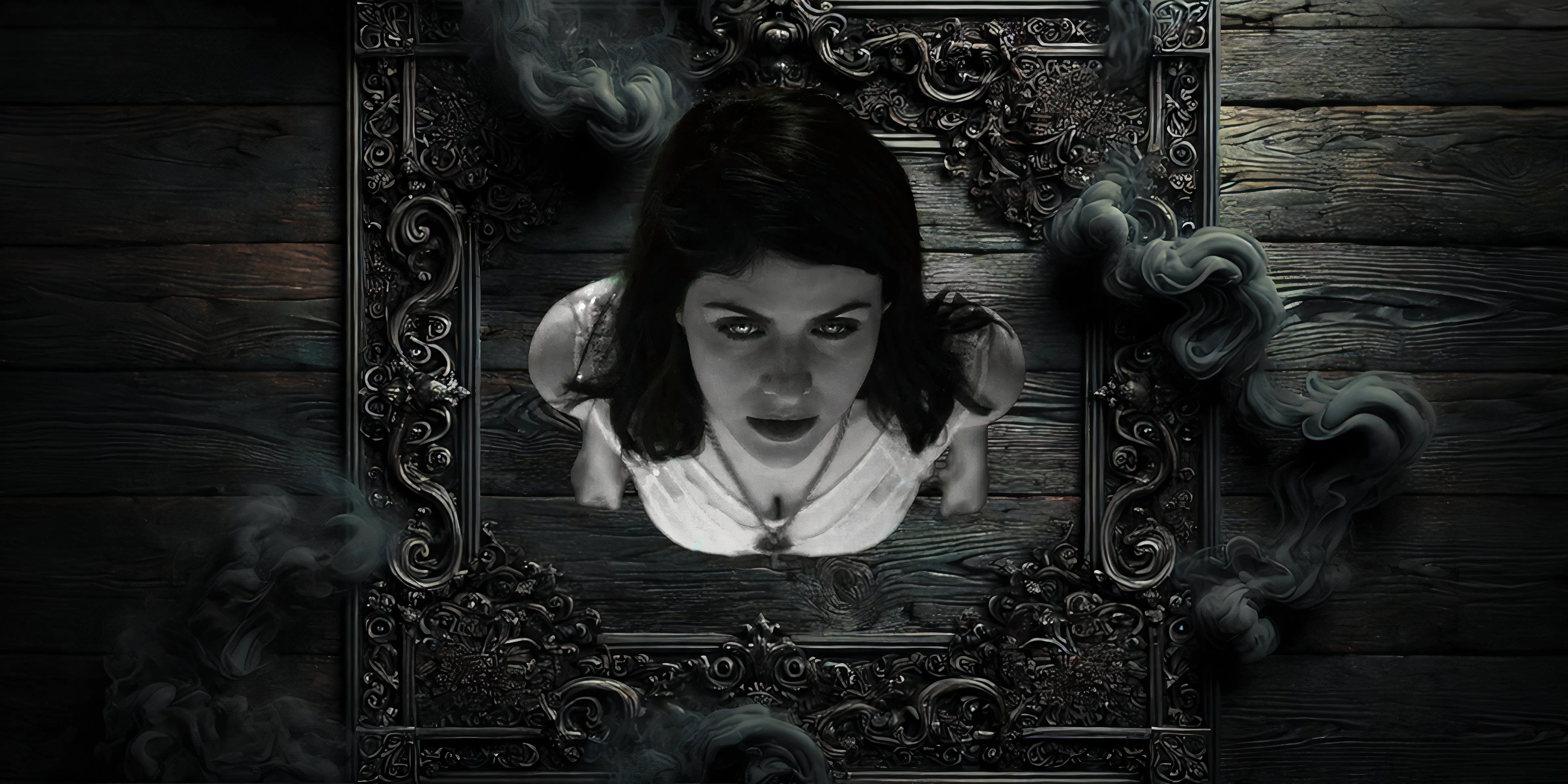 Alexandra Daddario from Mayfair Witches looking upward in black and white Image