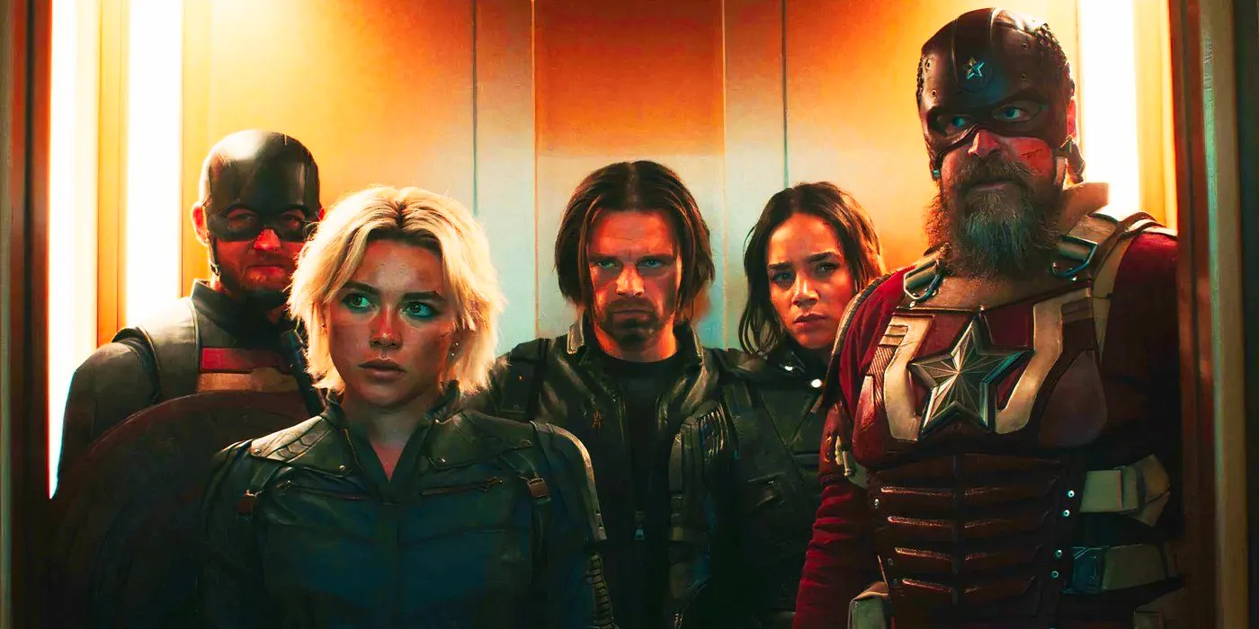 Alexei Shostakov, Ava Starr, Bucky Barnes, Yelena Belova and John Walker in an elevator in Thunderbolts* Image