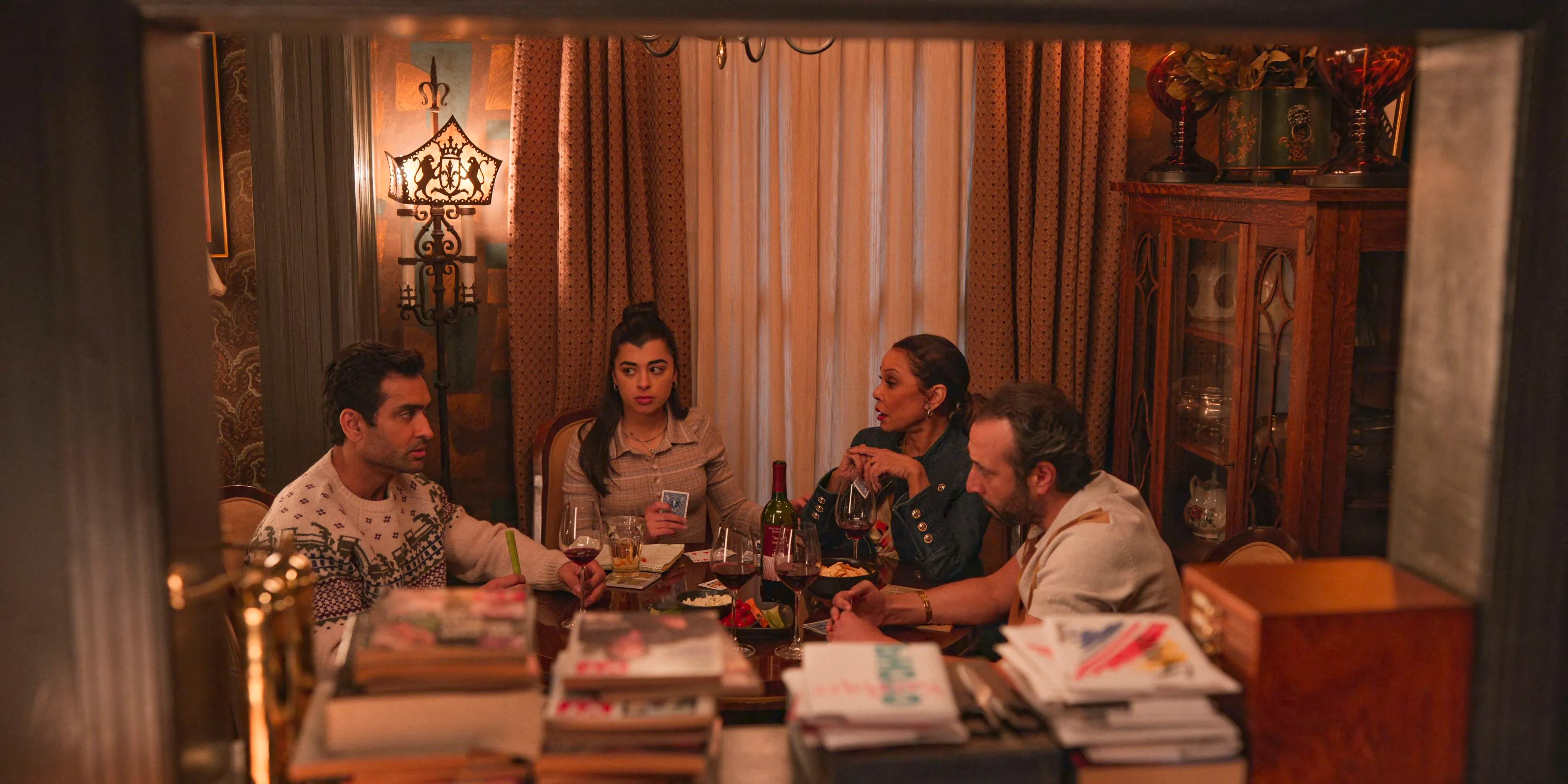 Alfonso, Inez, Ana and Rudy Thurber looking shocked in Only Murders in the Building Season 4 Episode 7 Image