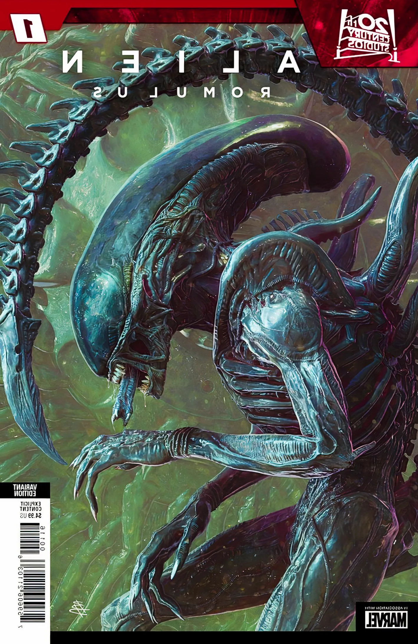 Alien Romulus #1 variant cover, portrait of a Xenomorph from a side angle  Image