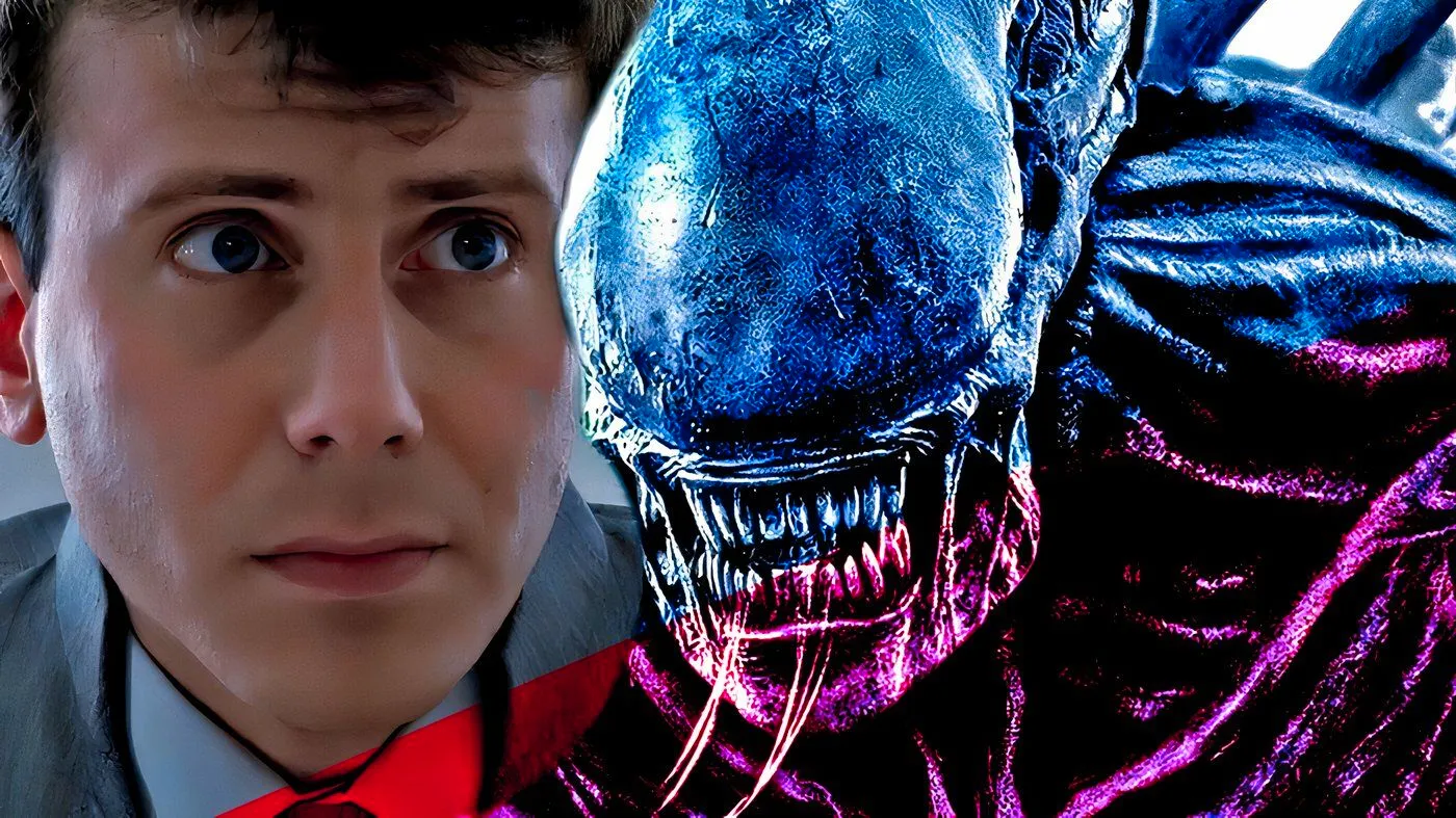 Aliens' Carter Burke with a snarling Xenomorph right next to him. Image