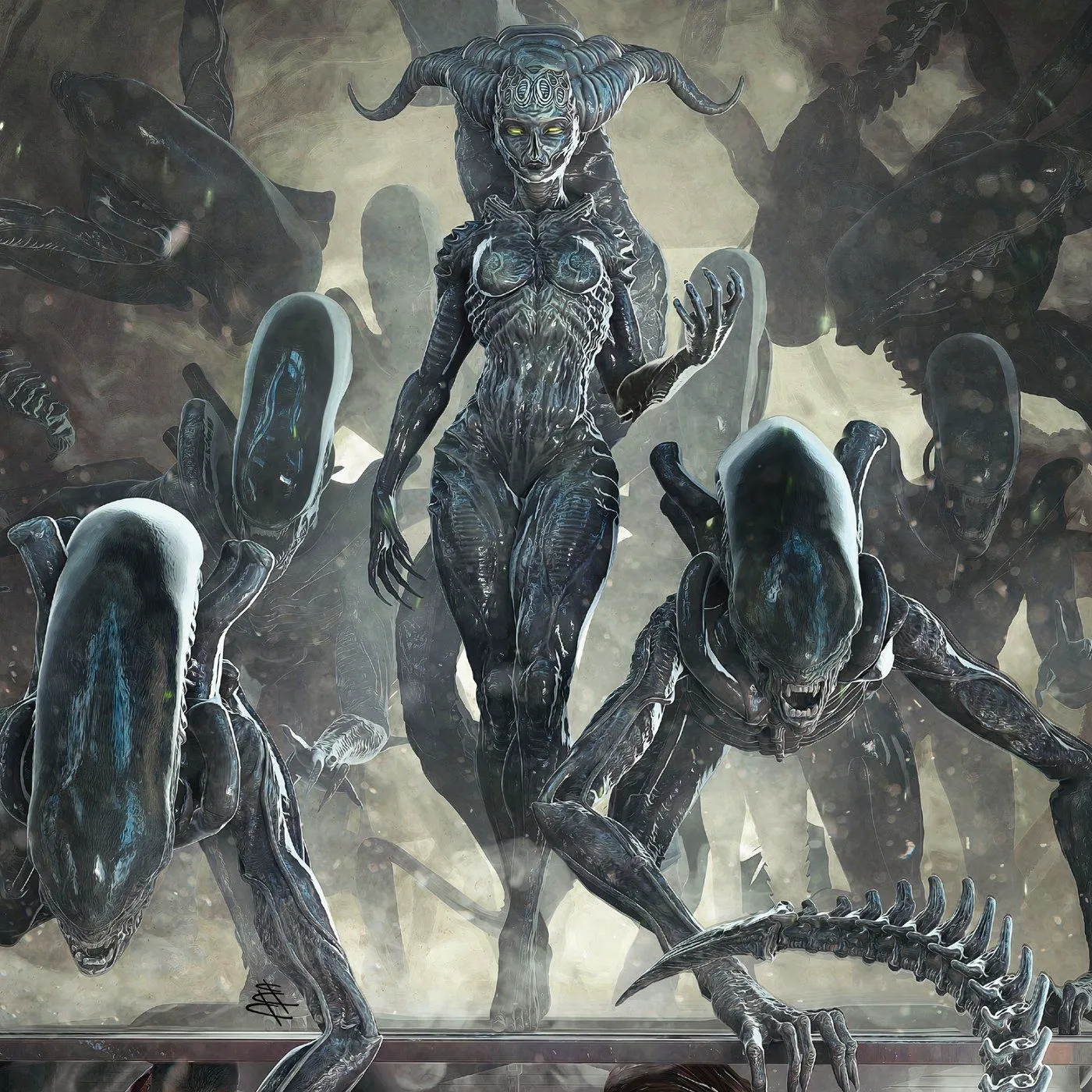 Alien's 'Woman in the Dark' standing with a horde of Xenomorphs. Image