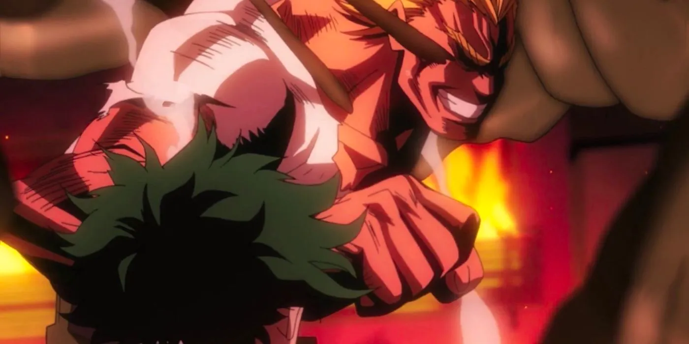 All Might protects Deku from the Sludge Villain after realizing that he needed to intervene in the fight. Image