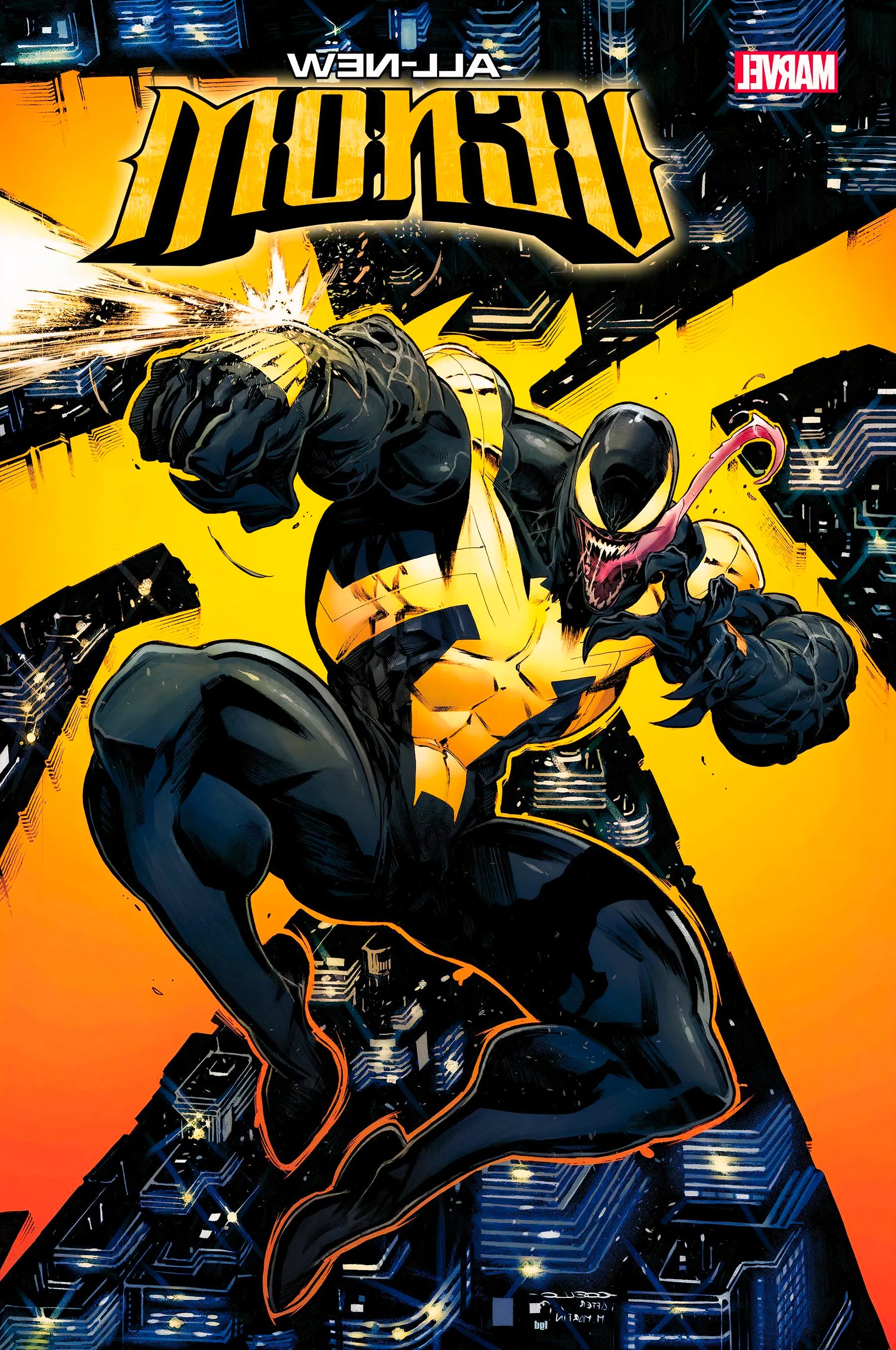 All-New Venom Variant Cover with Golden Venom Swinging through New York Image