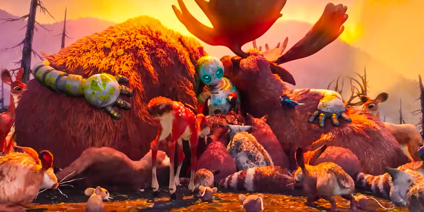 All the animals of the forest hugging Roz in The Wild Robot Image