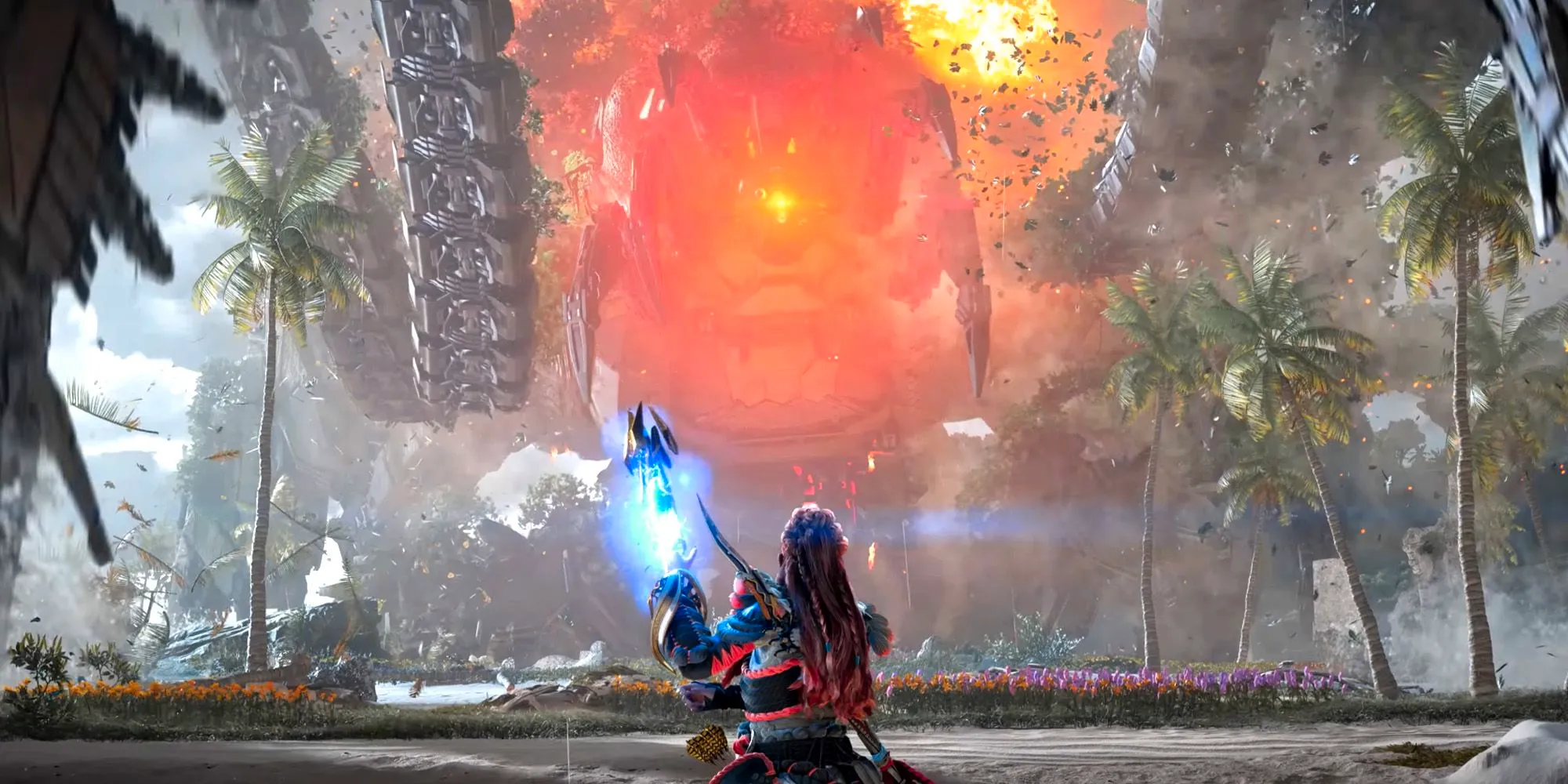 Aloy coming face-to-face with the giant Horus machine in Horizon Forbidden West: Burning Shores. Image