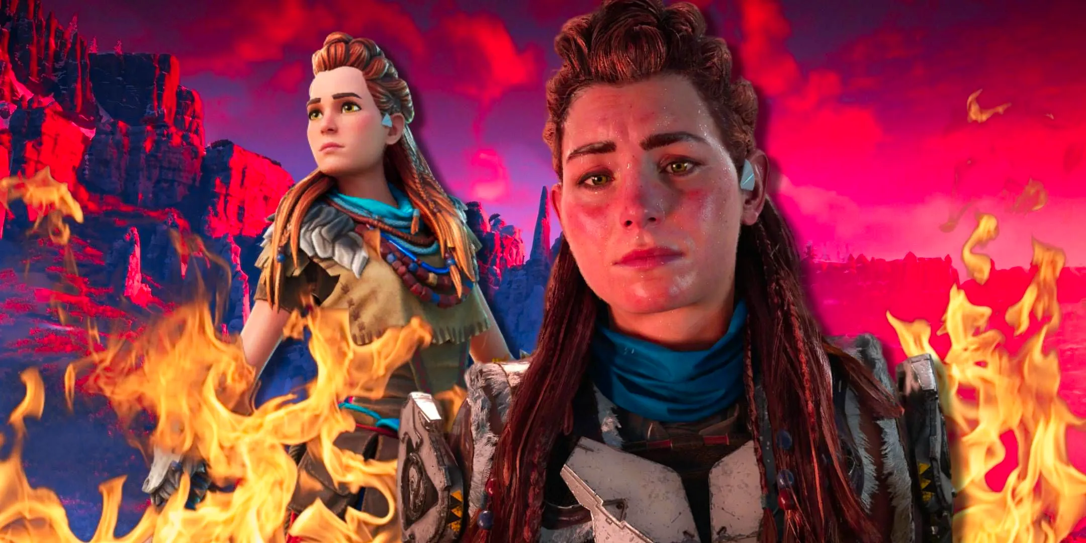 Aloy from Horizon Forbidden West next to Aloy's Fortnite skin. Image