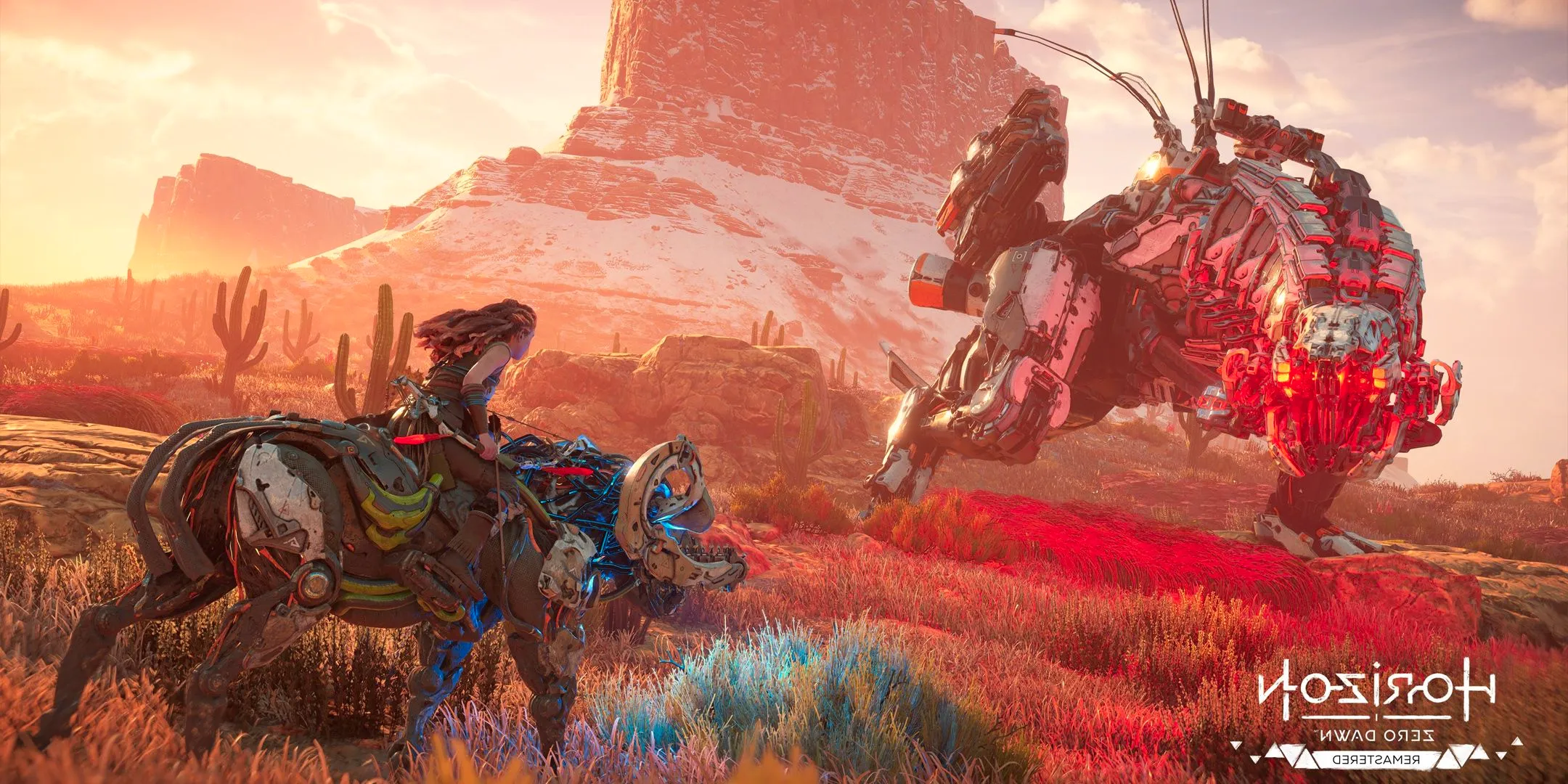 Aloy riding a machine and encountering a hostile one in Horizon Zero Dawn Remastered. Image