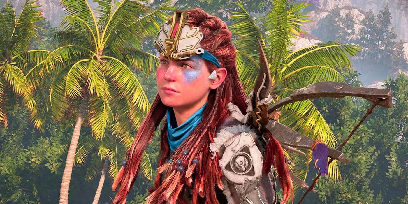 Aloy standing among palm trees in Horizon Forbidden West. Image