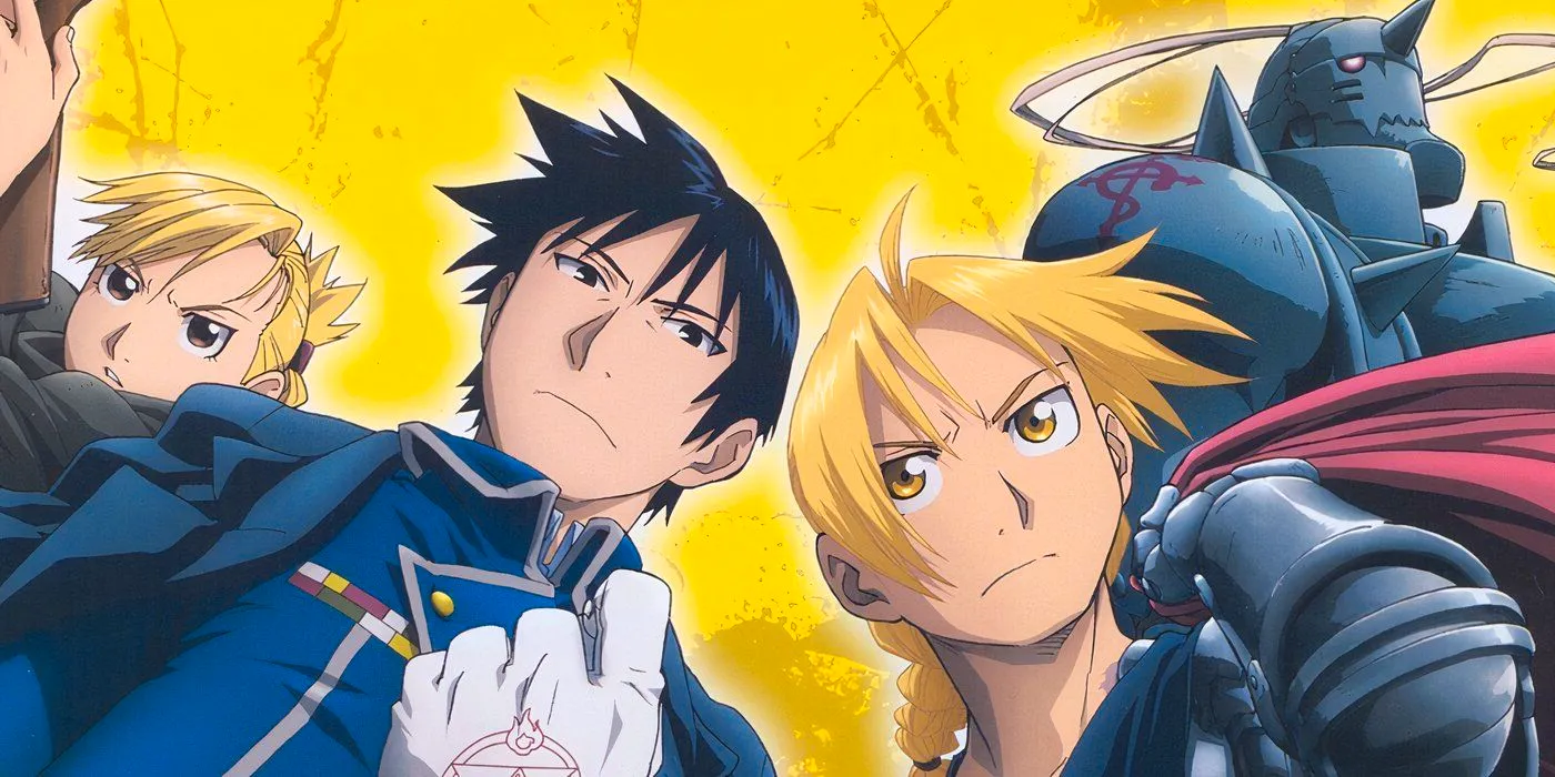 Alphonse Elric, Edward Elric, Roy Mustang, and Riza Hawkeye stand forward together in a line with serious expressions on Fullmetal Alchemist Brotherhood Official Artwork Image