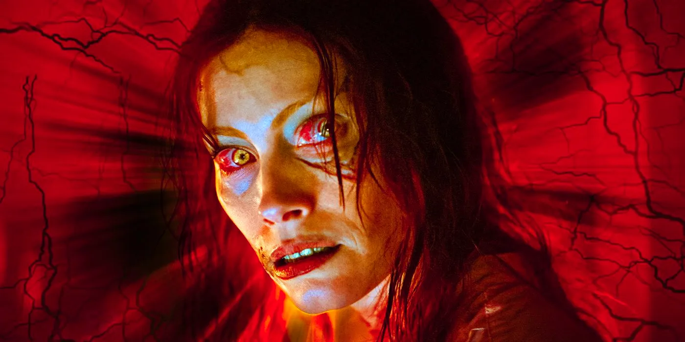 Alyssa Sutherland as Ellie in Evil Dead Rise surrounded by red with black vines Image