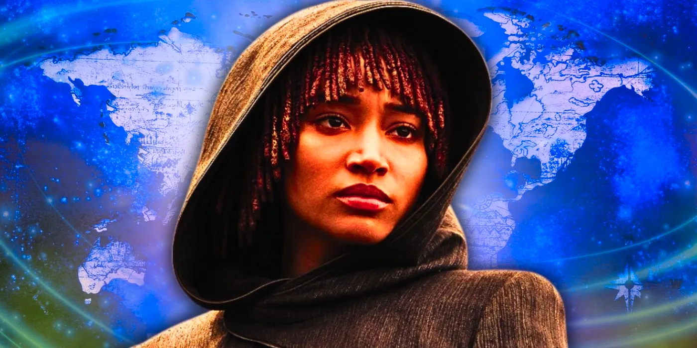 Amandla Stenberg as Osha in The Acolyte in front of a purple map of the world Image