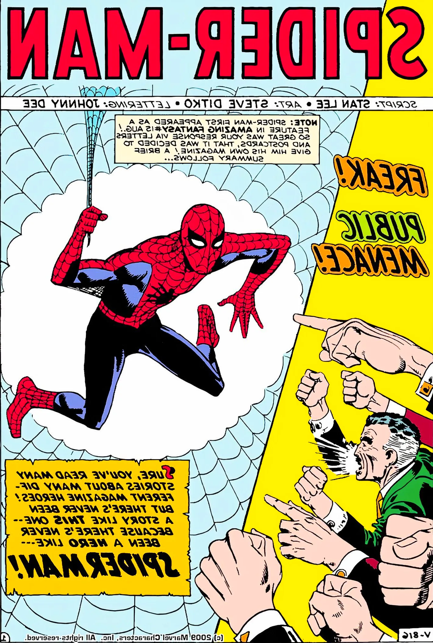 Amazing Spider-Man #1 first page, a crowd led by J. Jonah Jameson calling Spidey a 