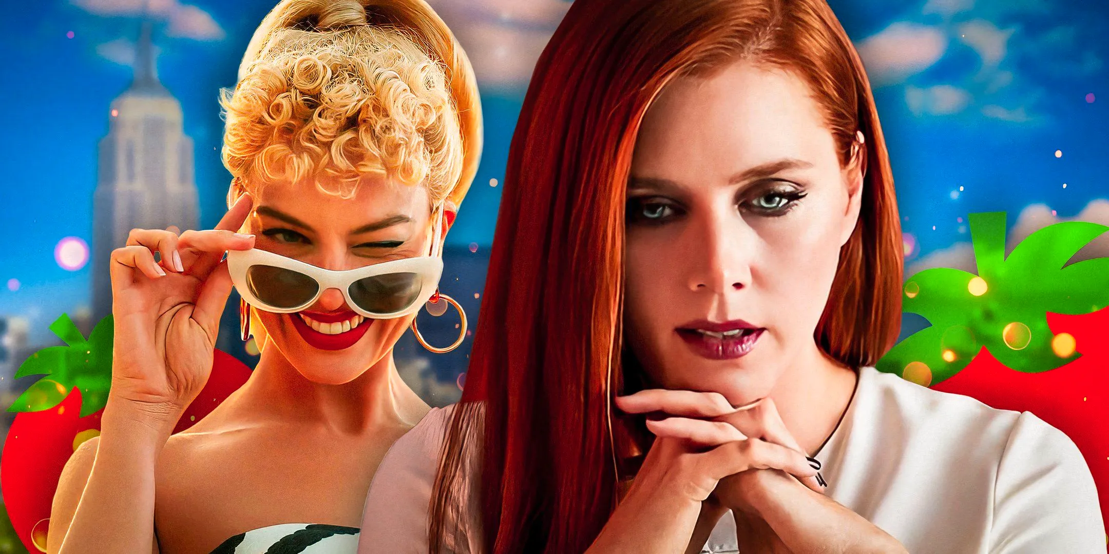 Amy Adams with her hands crossed in Nocturnal Animals and Margot Robbie winking in Barbie Image