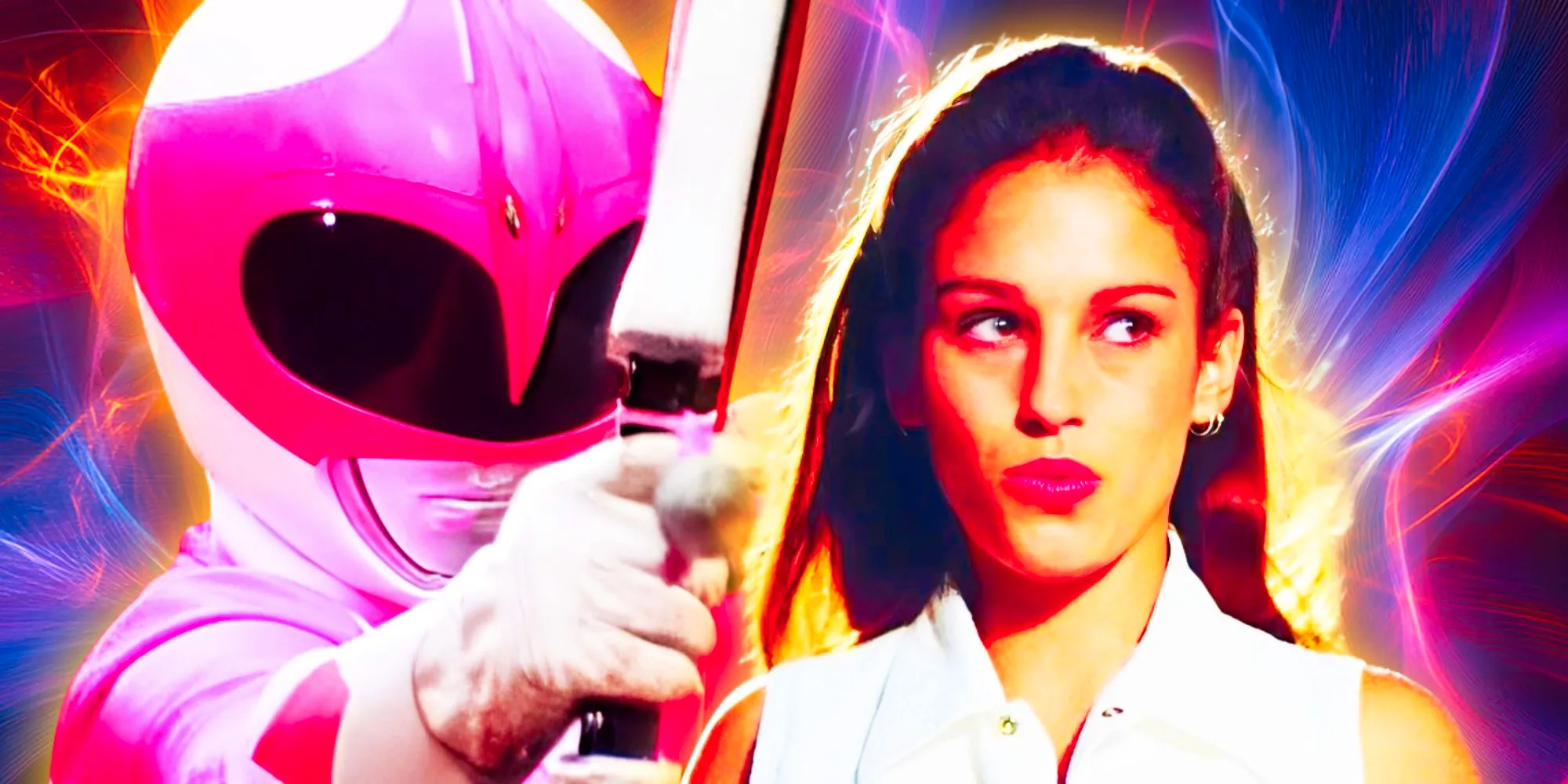 Amy Jo Johnson as Kimberly and the Pink Ranger in costume in Mighty Morphin Power Rangers Image