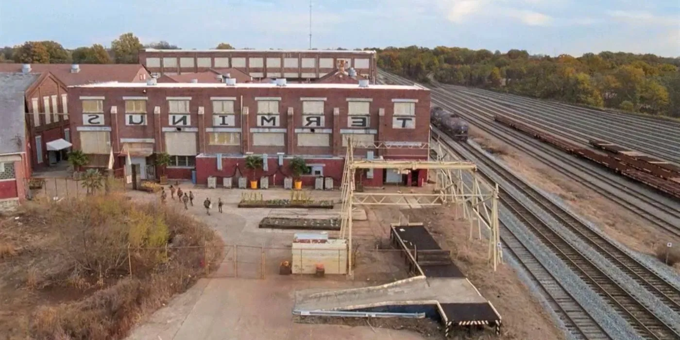 An aerial shot of the Terminus in The Walking Dead Image