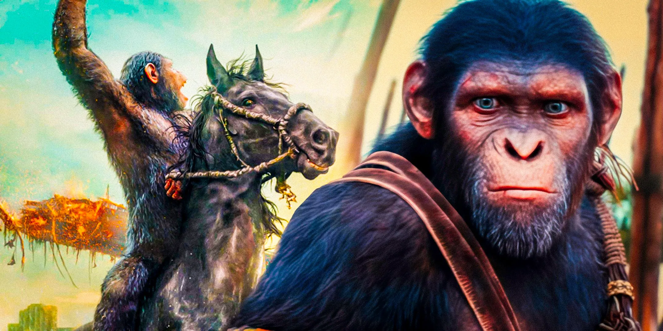 An ape rides a horse while Noa from Kingdom of the Planet of the Apes looks worried. Image