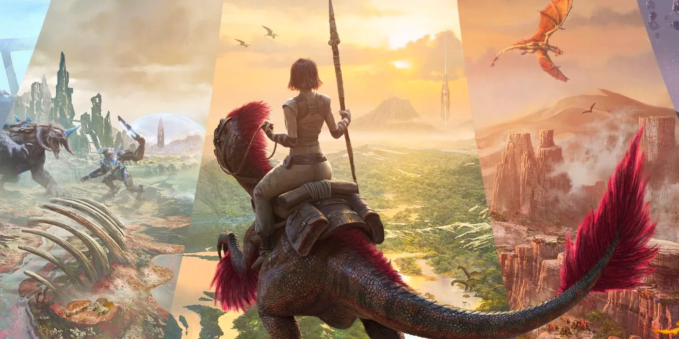 An Ark player sitting on the back of a Velociraptor looking out over the horizon Image