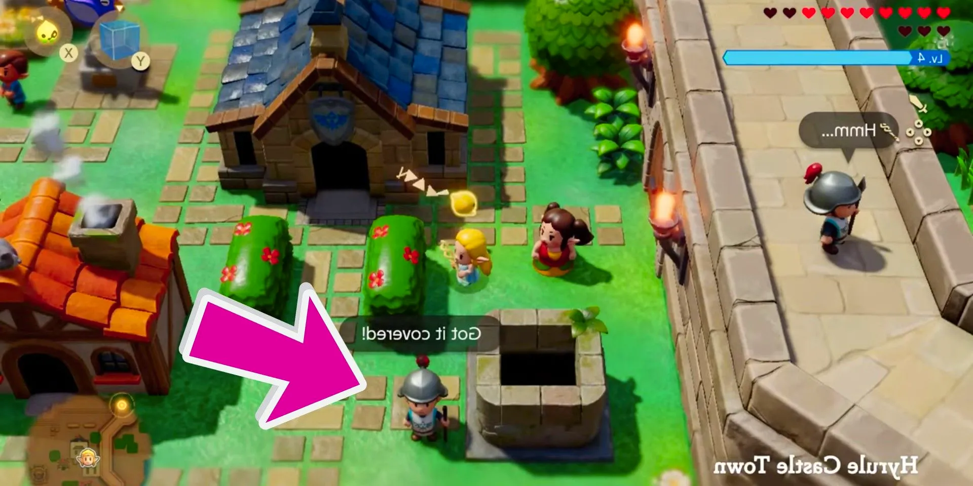 An arrow pointing to the Suspicious Soldier's location in The Legend of Zelda: Echoes of Wisdom Image