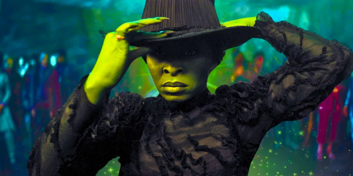 An edited image of Cynthia Erivo putting on a witch's hat in Wicked Image